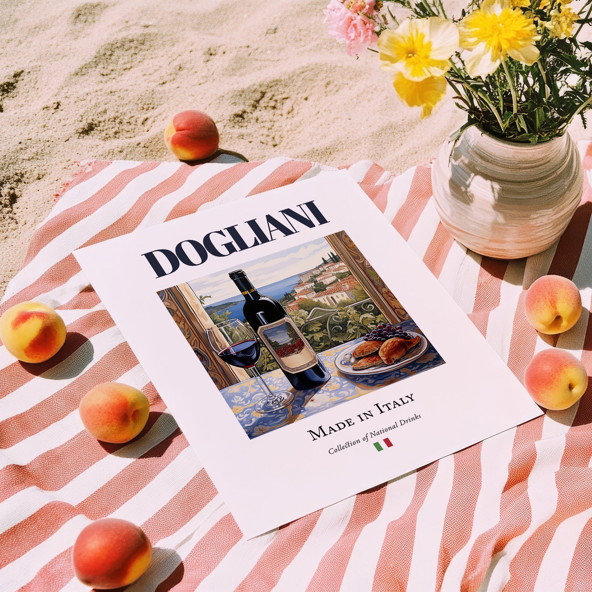 Dogliani – Italian Red Wine, Vineyard Terrace Poster, unframed on coastal sand