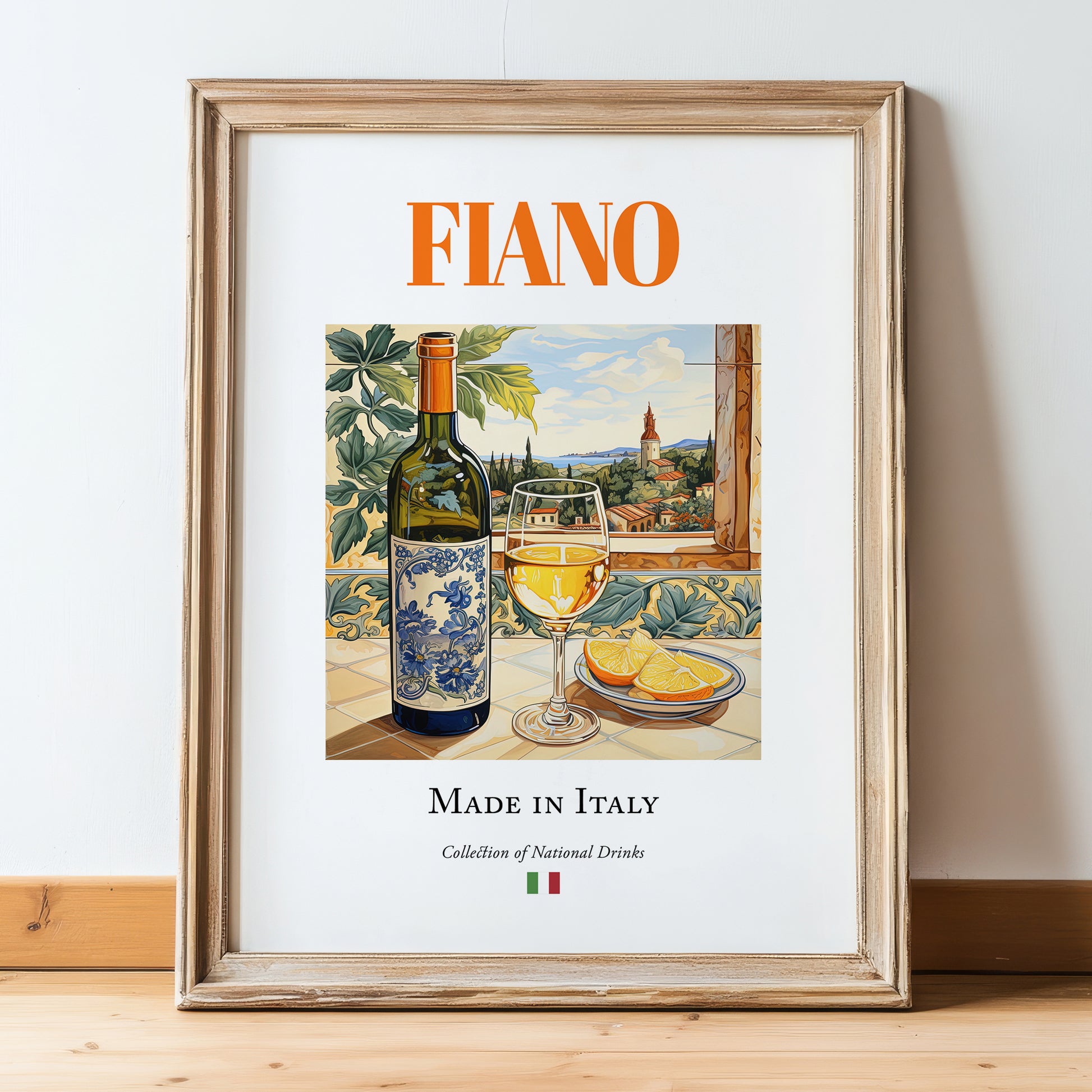 Fiano – Italian White Wine, Tasting Room Poster, in wooden frame leaning on the floor