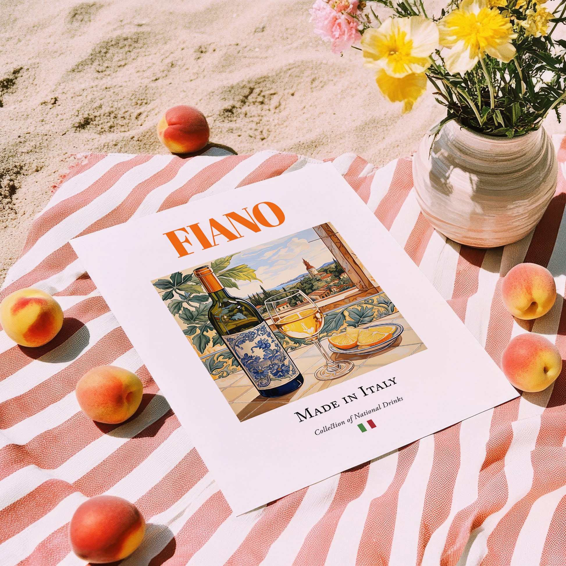 Fiano – Italian White Wine, Tasting Room Poster, unframed on coastal sand