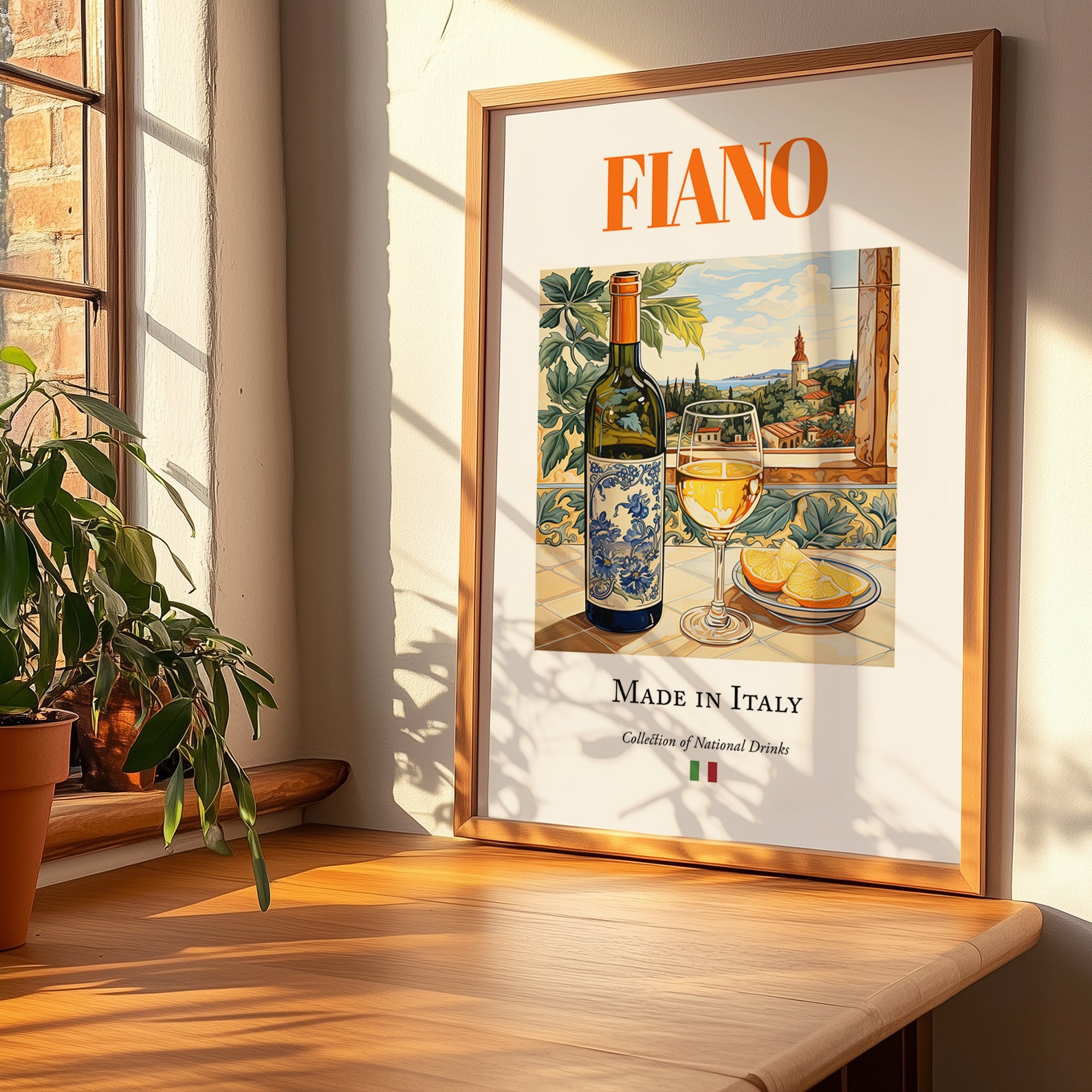 Fiano – Italian White Wine, Tasting Room Poster, no-text version framed in wood