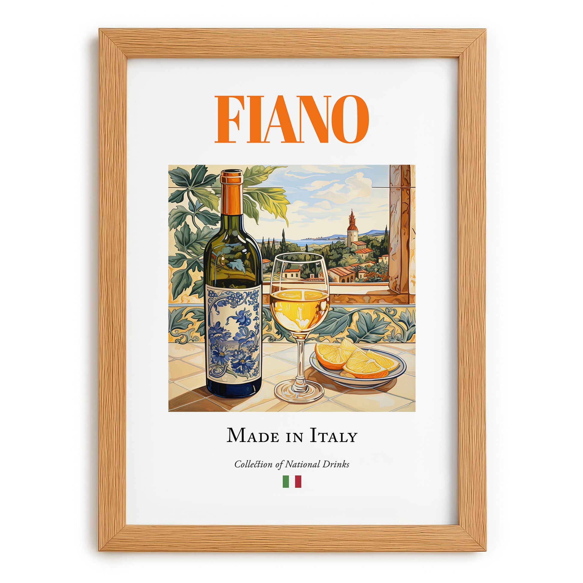 Fiano – Italian White Wine, Tasting Room Poster, set in oak frame