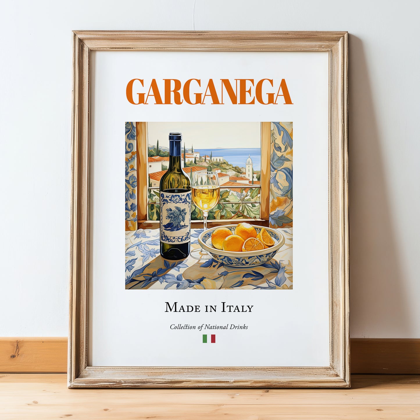 Garganega – Italian White Wine, Tasting Room Poster, in wooden frame leaning on the floor