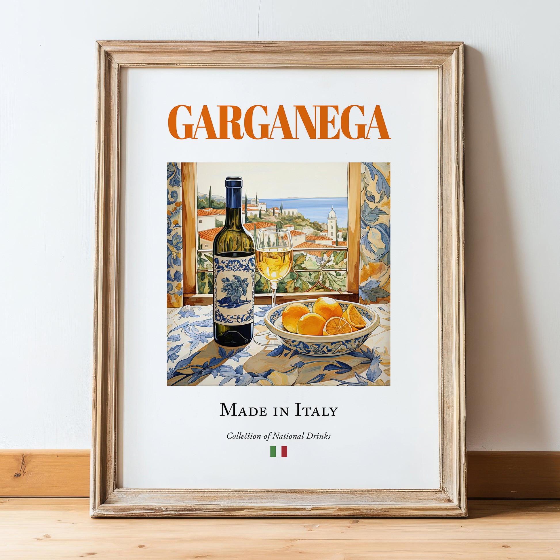 Garganega – Italian White Wine, Tasting Room Poster, in wooden frame leaning on the floor