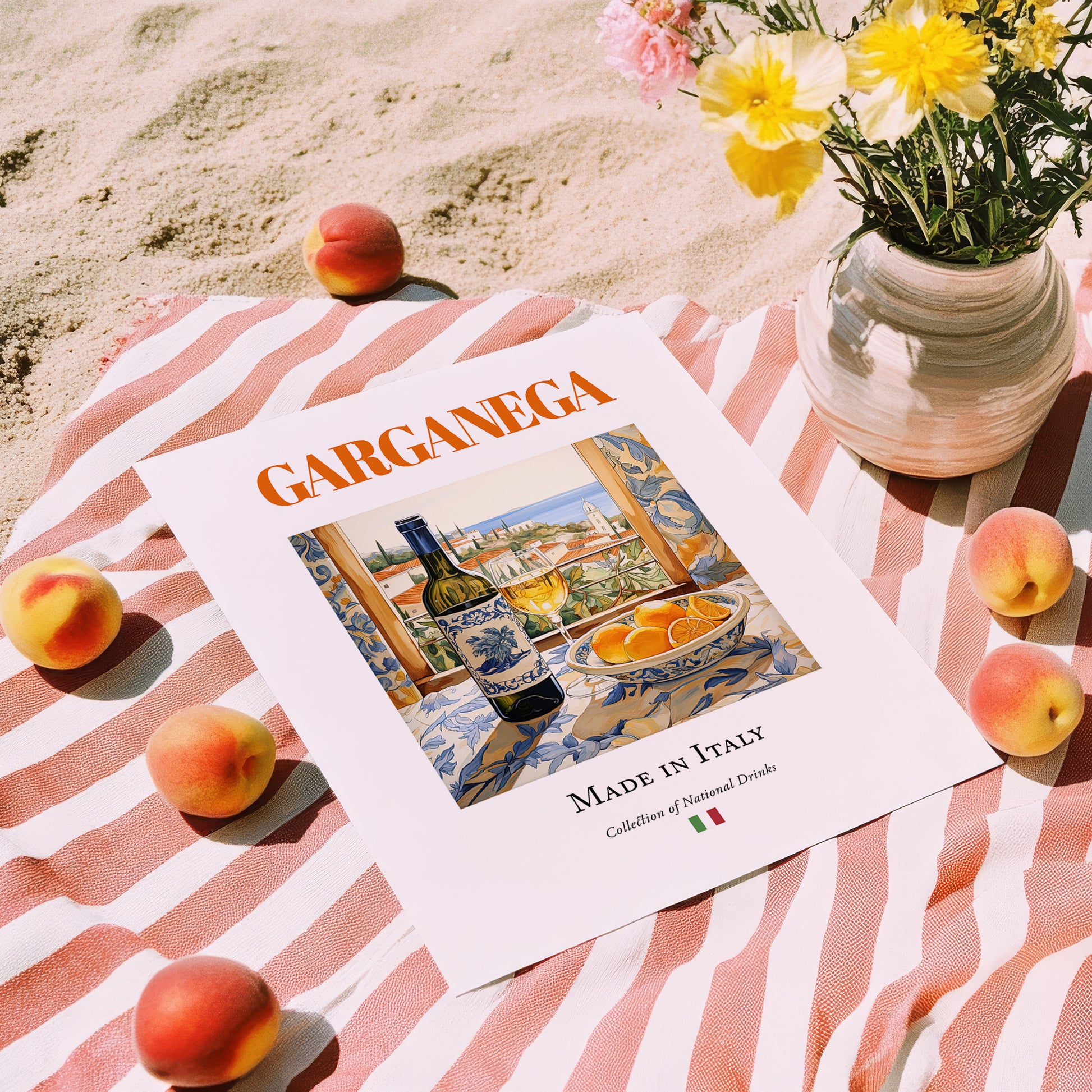 Garganega – Italian White Wine, Tasting Room Poster, unframed on coastal sand