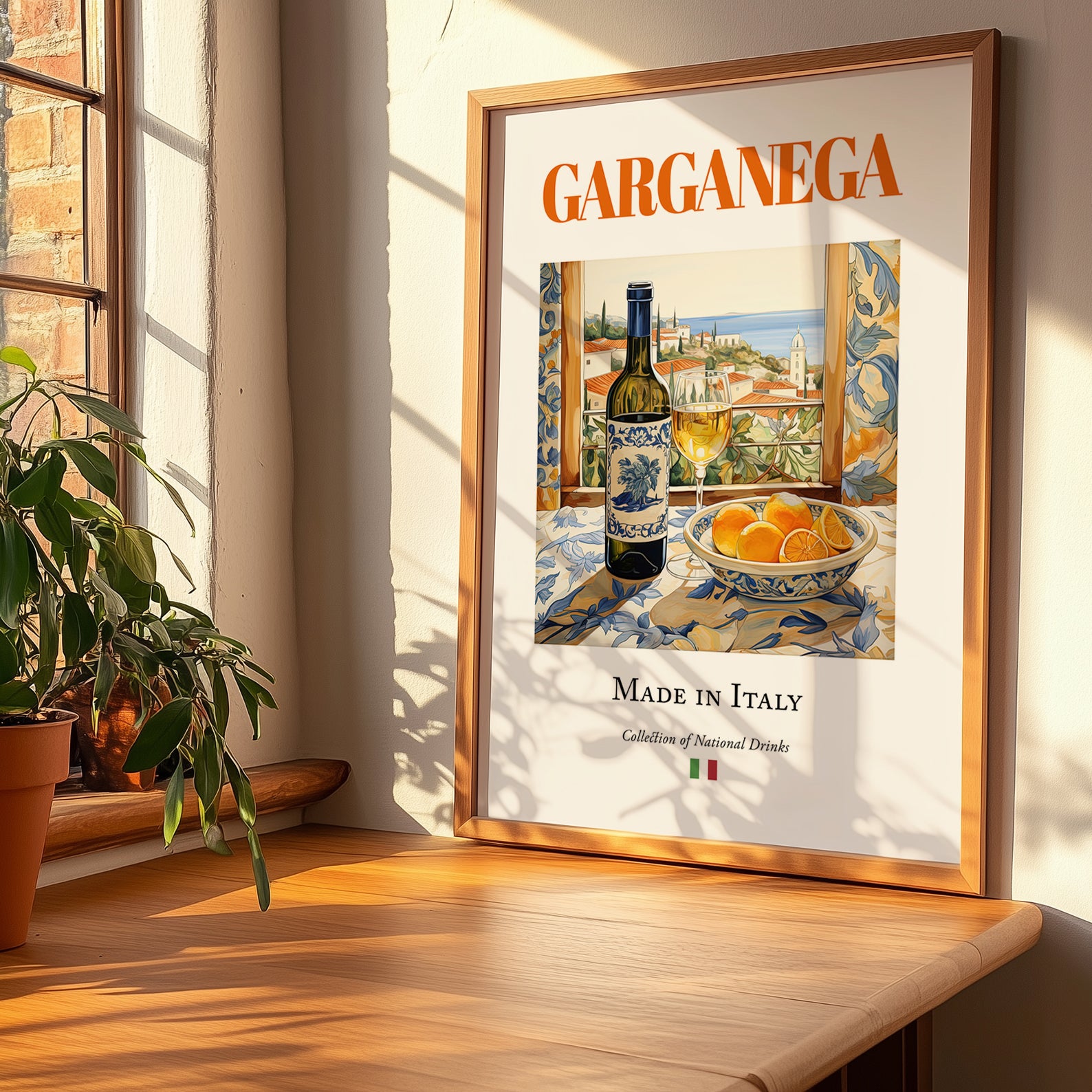 Garganega – Italian White Wine, Tasting Room Poster, no-text version framed in wood