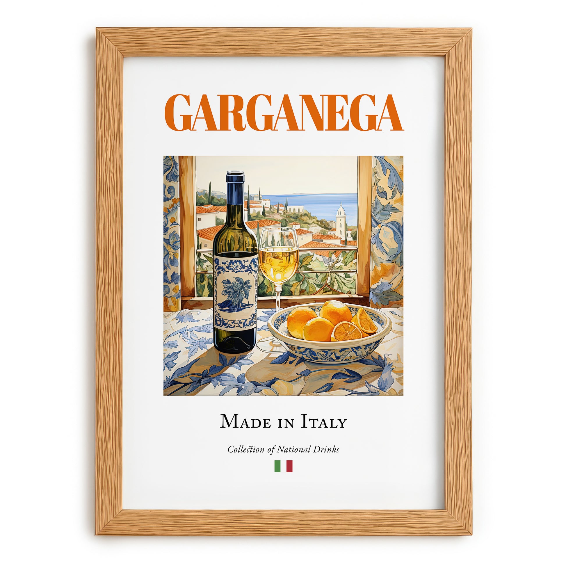 Garganega – Italian White Wine, Tasting Room Poster, set in oak frame