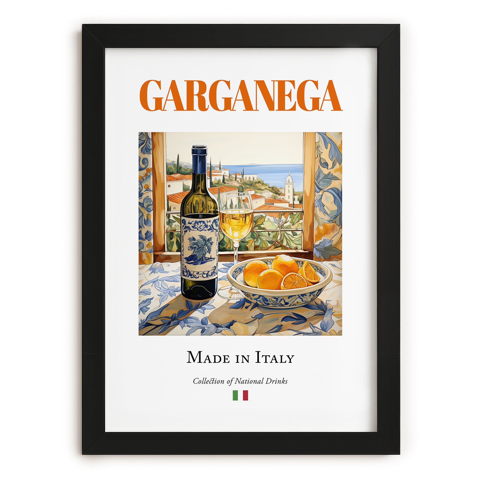 Garganega – Italian White Wine, Tasting Room Poster, in sleek black frame