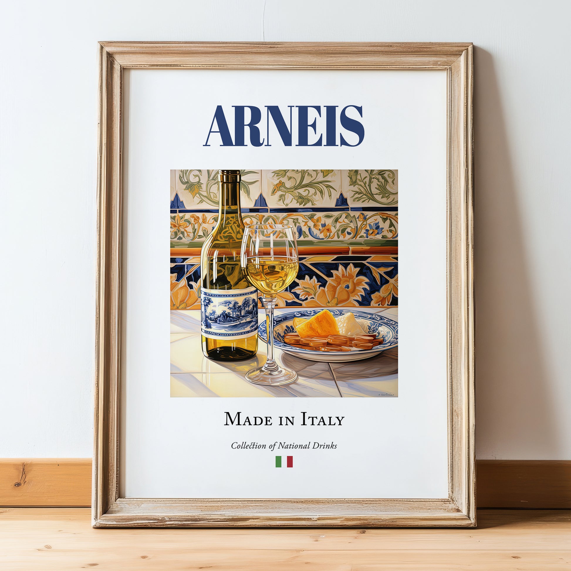 Arneis – Italian White Wine, Tasting Room Wall Art, in wooden frame leaning on the floor