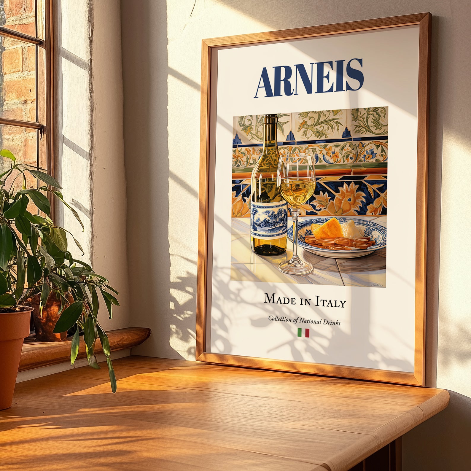 Arneis – Italian White Wine, Tasting Room Wall Art, no-text version framed in wood