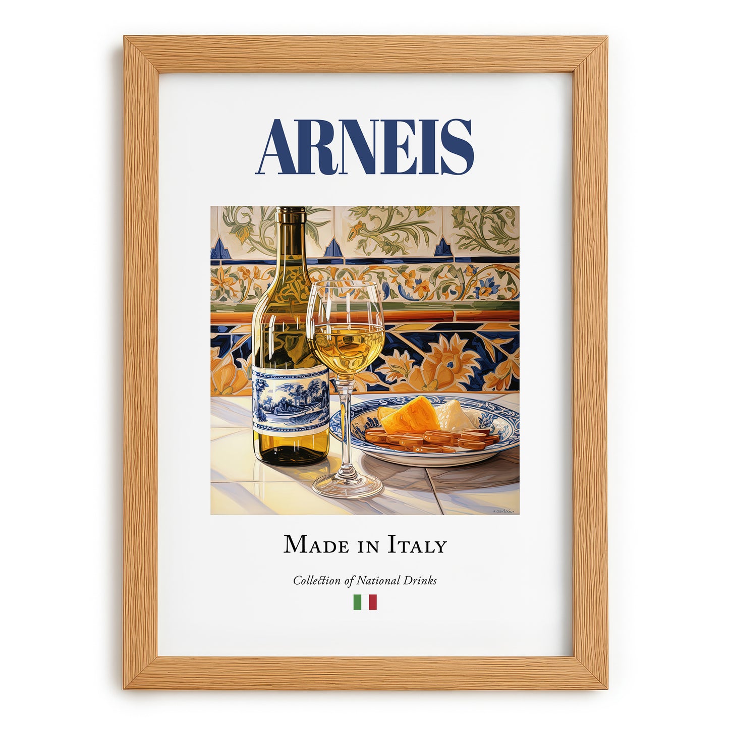Arneis – Italian White Wine, Tasting Room Wall Art, set in oak frame