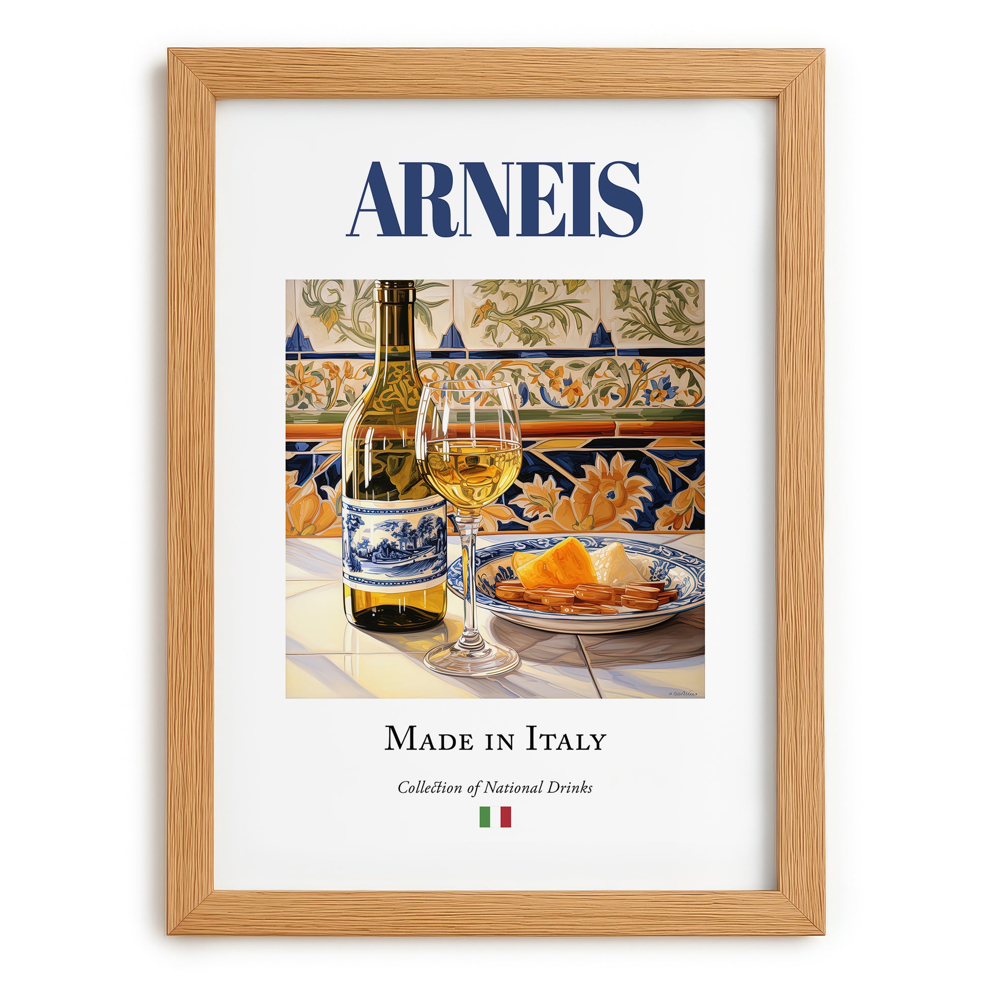 Arneis – Italian White Wine, Tasting Room Wall Art, set in oak frame