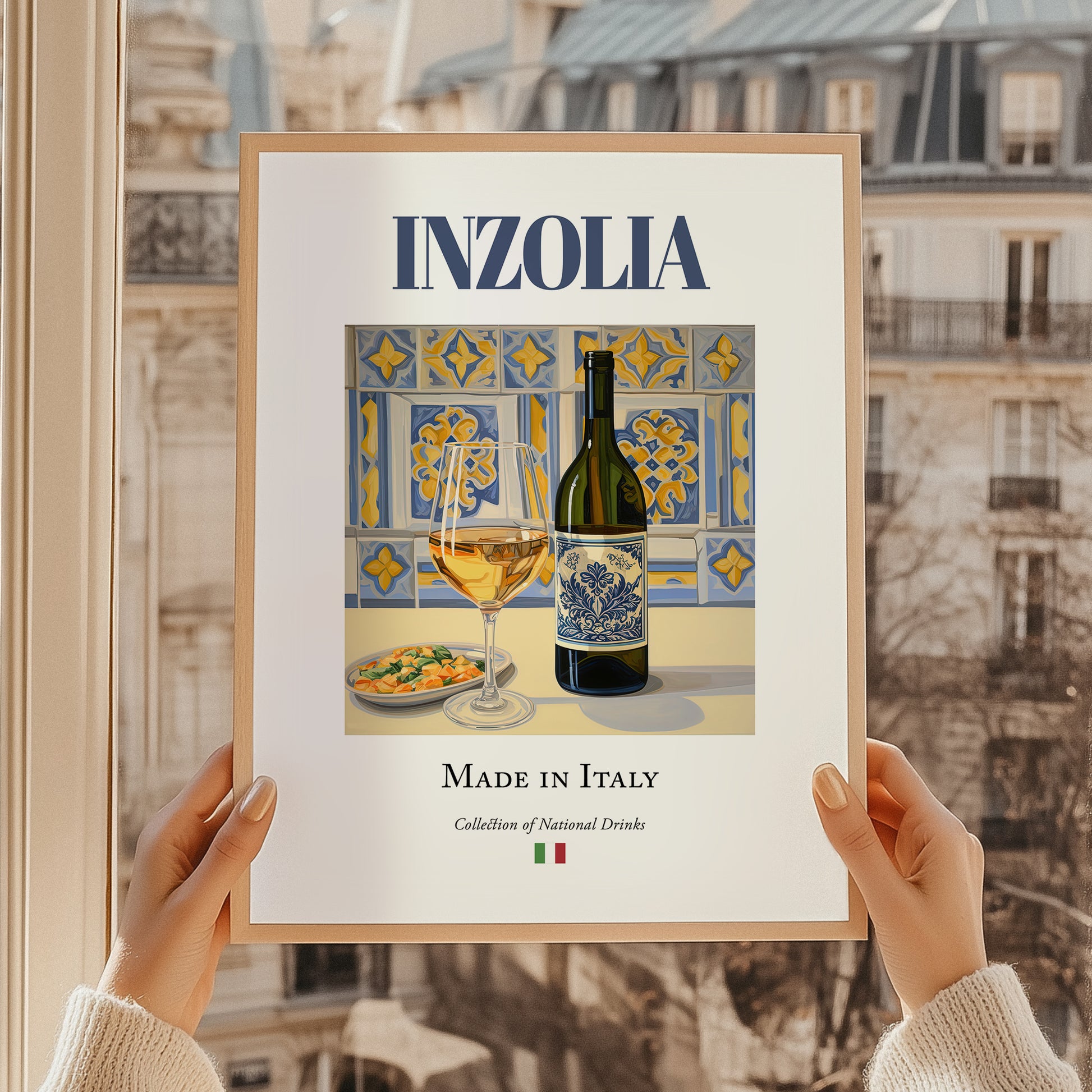 Inzolia – Italian White Wine, Bodega Poster, styled in a charming Paris street view