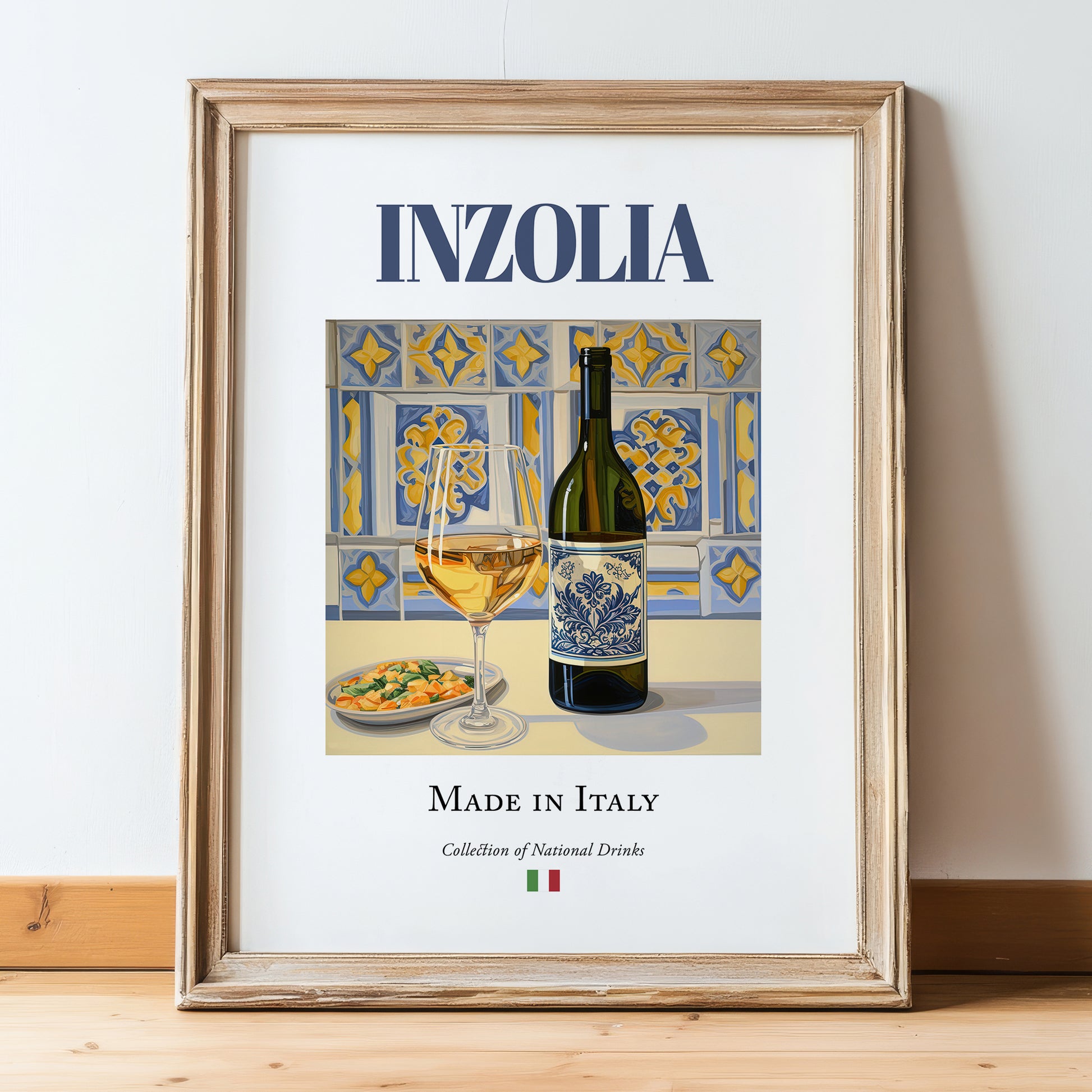Inzolia – Italian White Wine, Bodega Poster, in wooden frame leaning on the floor