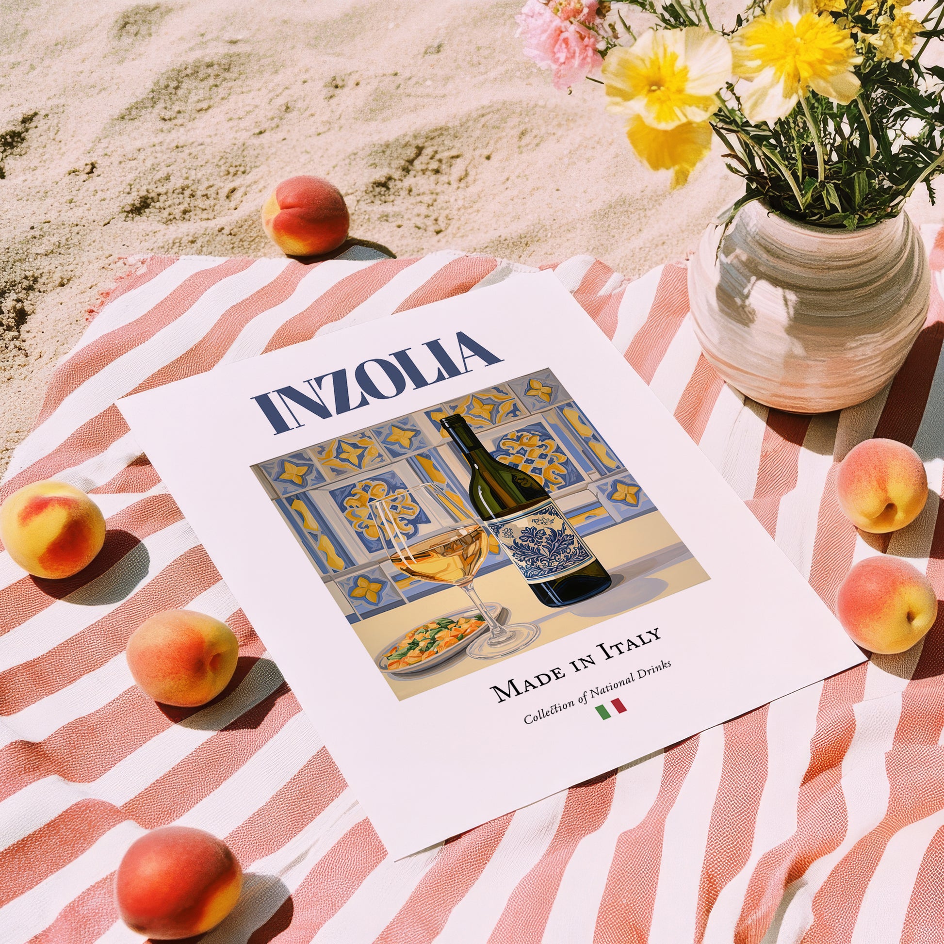 Inzolia – Italian White Wine, Bodega Poster, unframed on coastal sand