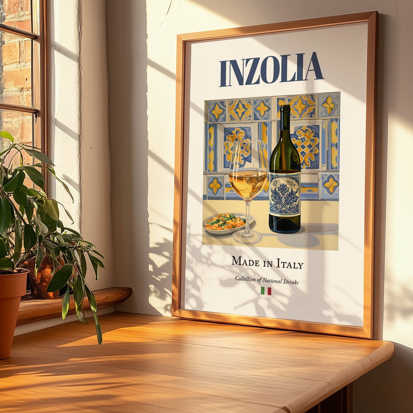 Inzolia – Italian White Wine, Bodega Poster, no-text version framed in wood
