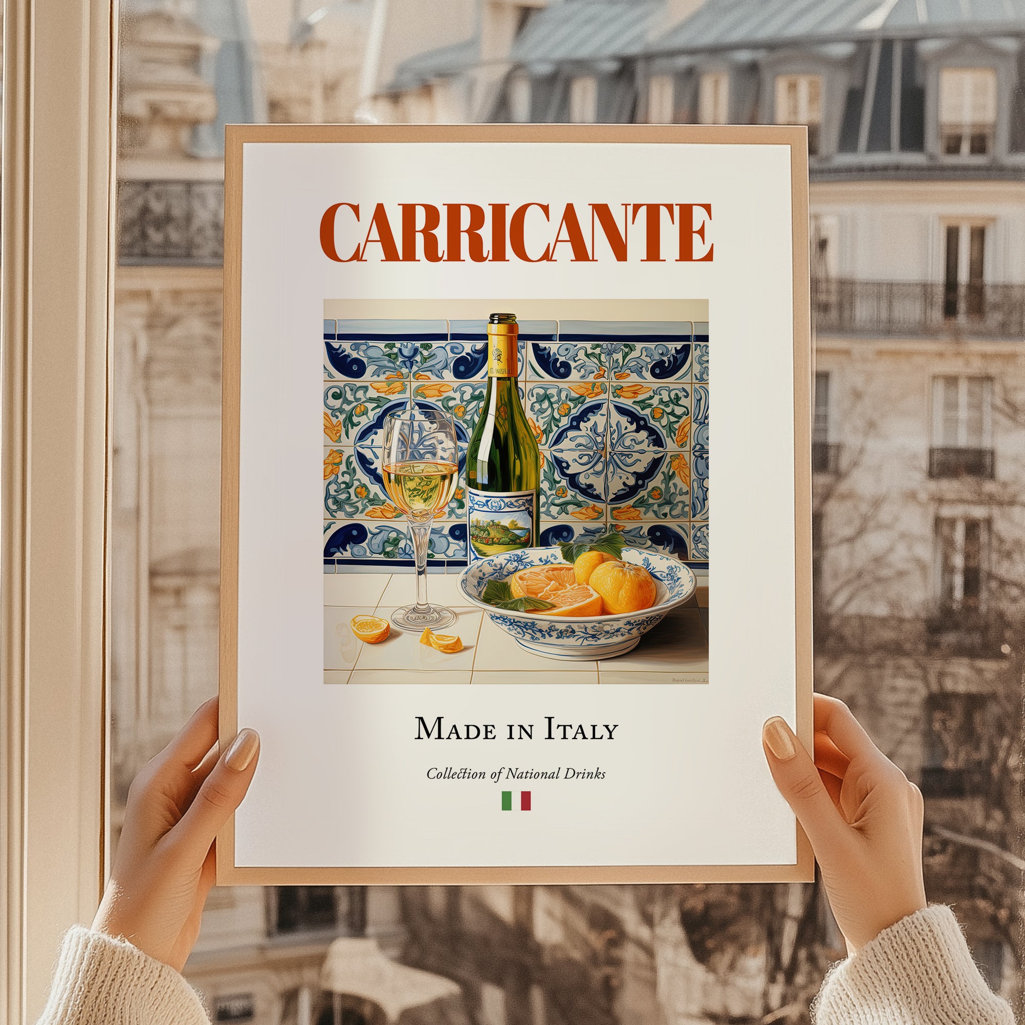 Carricante – Italian White Wine, Bodega Poster, styled in a charming Paris street view