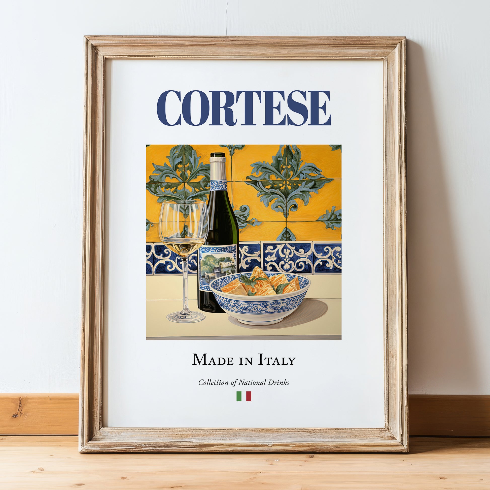 Cortese – Italian White Wine, Vinoteca Wall Decor, in wooden frame leaning on the floor
