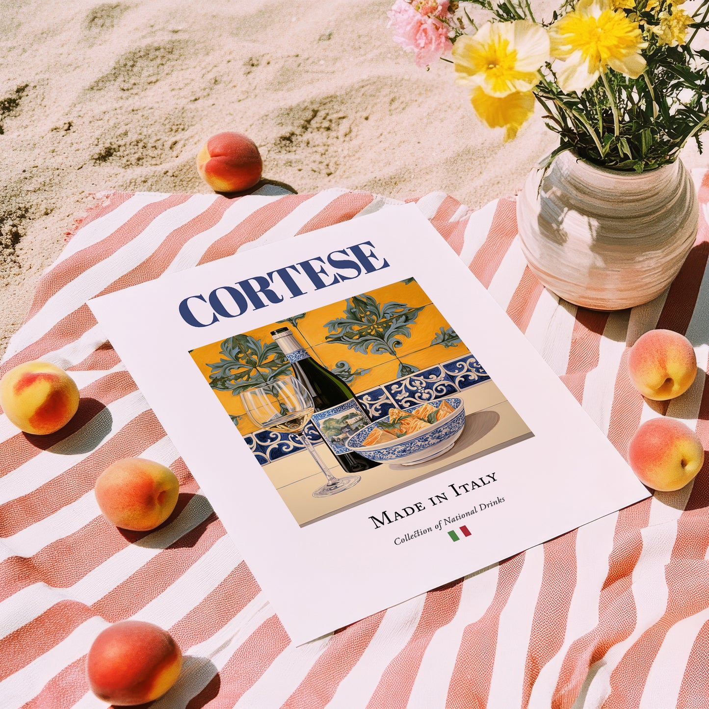 Cortese – Italian White Wine, Vinoteca Wall Decor, unframed on coastal sand