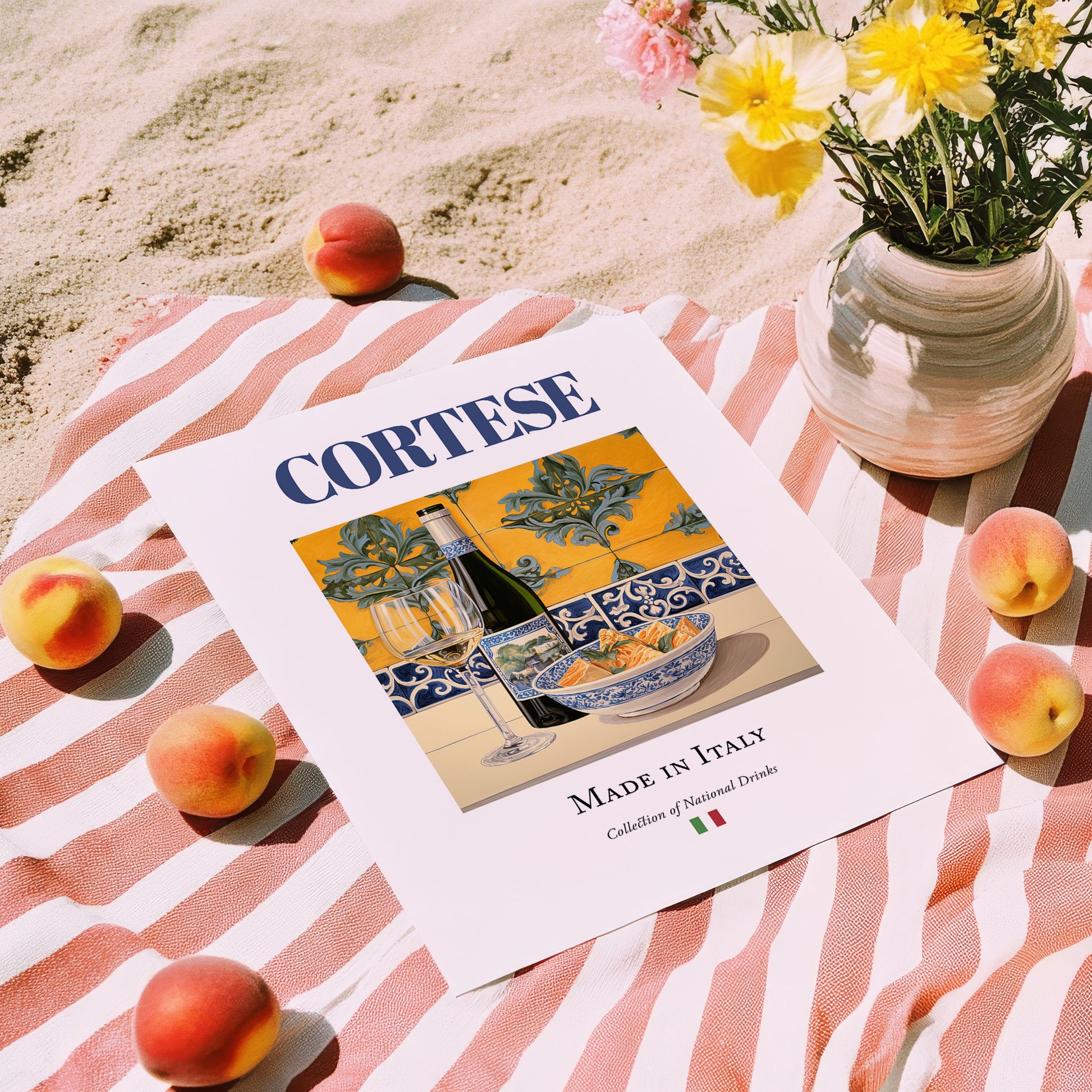 Cortese – Italian White Wine, Vinoteca Wall Decor, unframed on coastal sand