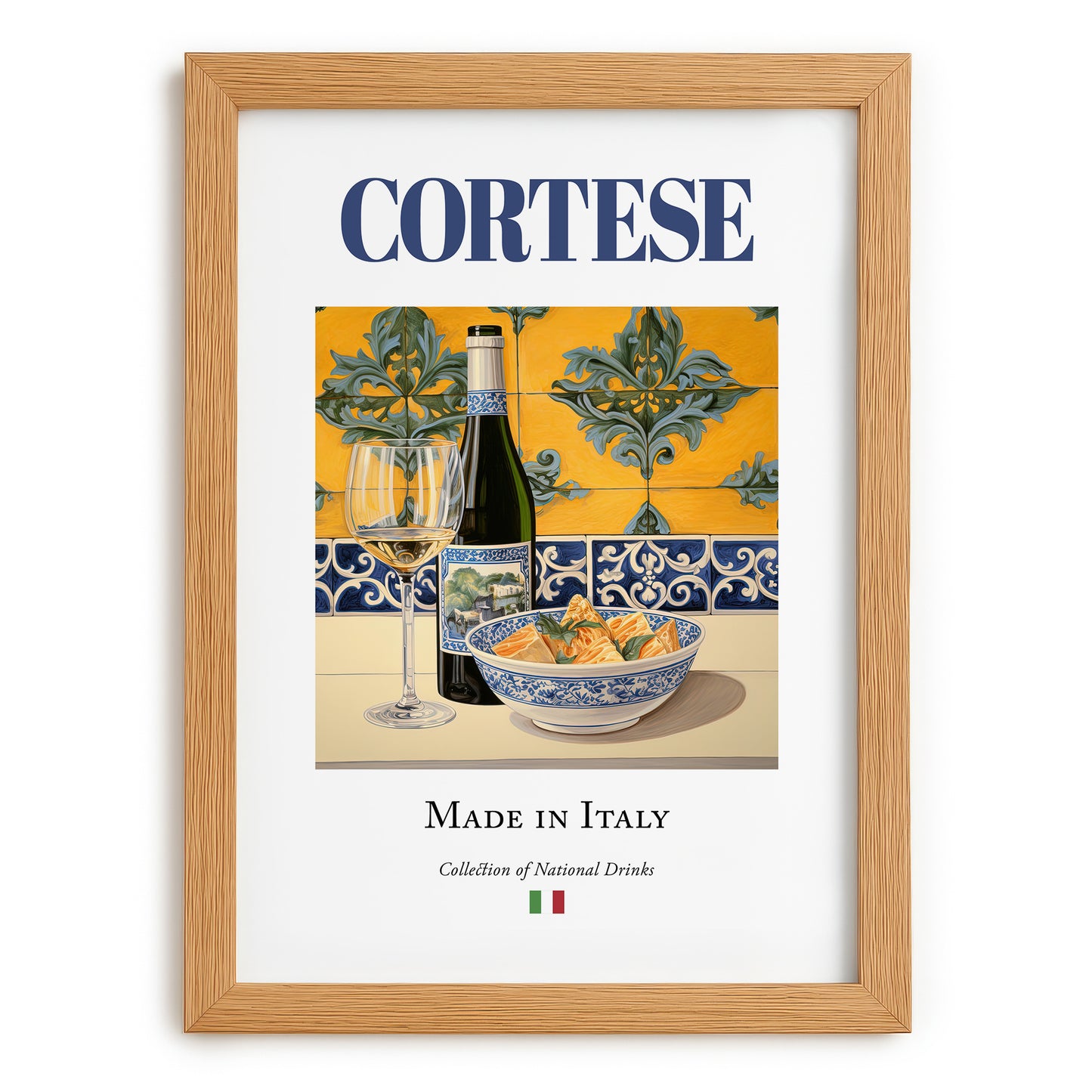 Cortese – Italian White Wine, Vinoteca Wall Decor, set in oak frame