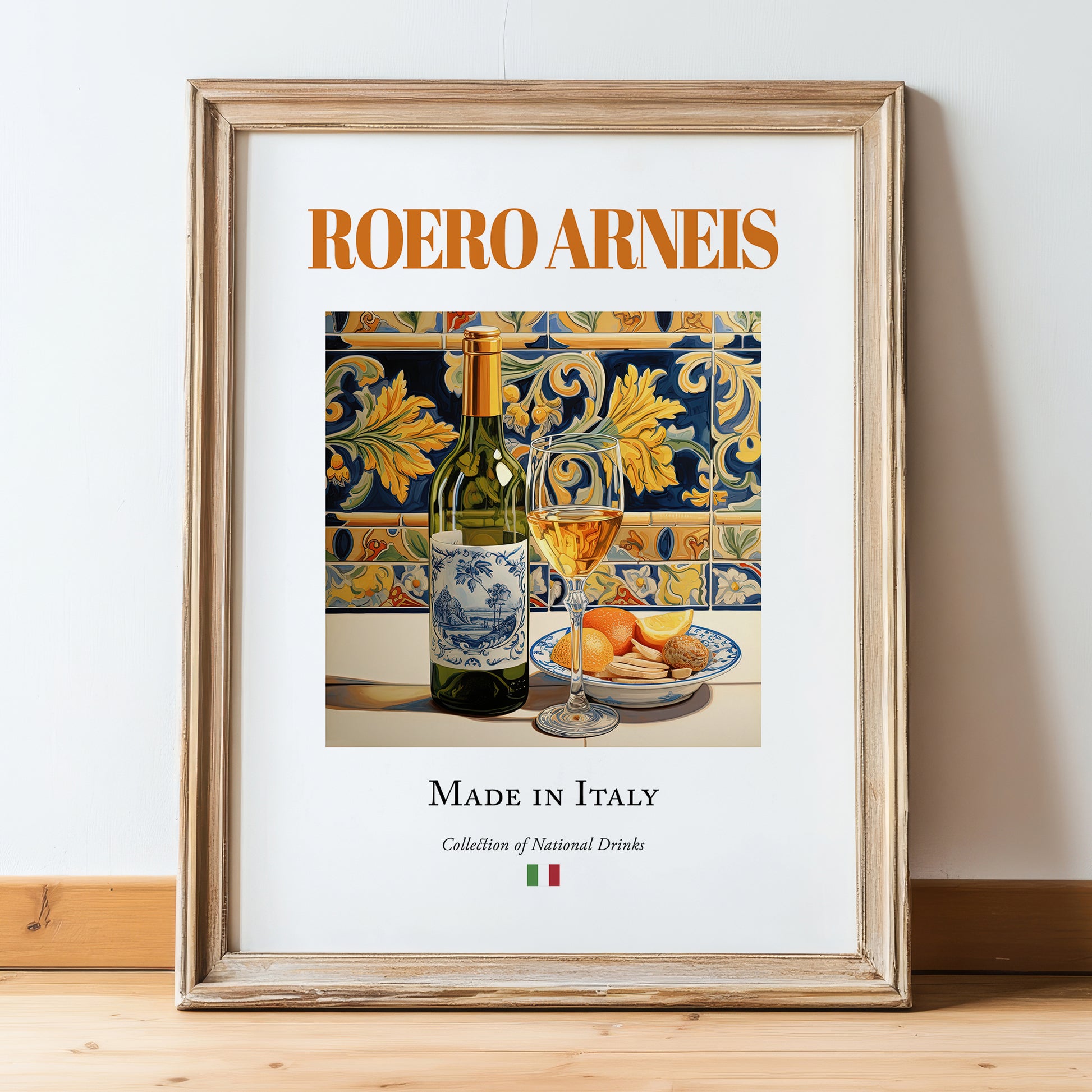 Roero Arneis – Italian White Wine, Bodega Still Life, in wooden frame leaning on the floor