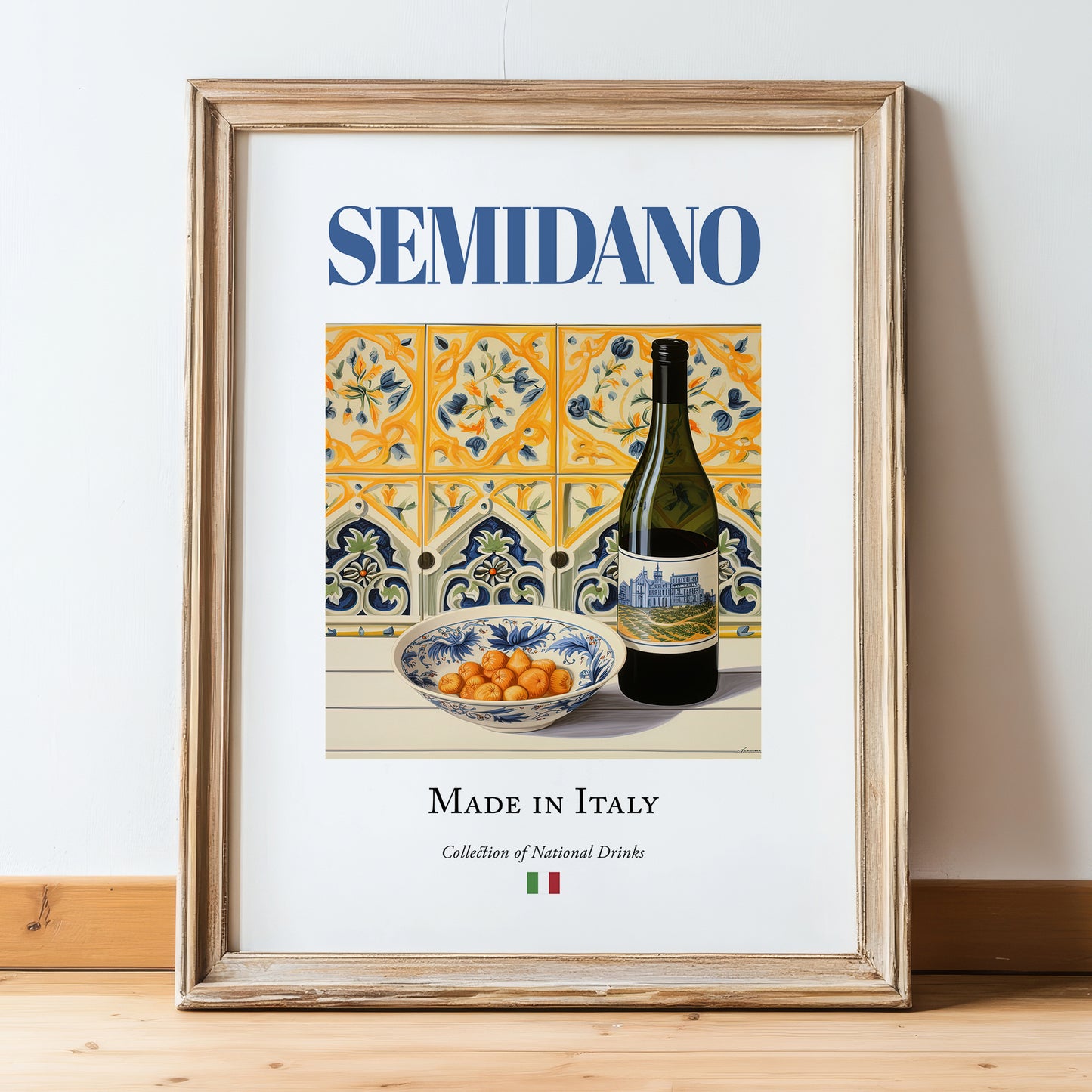 Semidano – Italian White Wine, Wine Bar Wall Decor, in wooden frame leaning on the floor