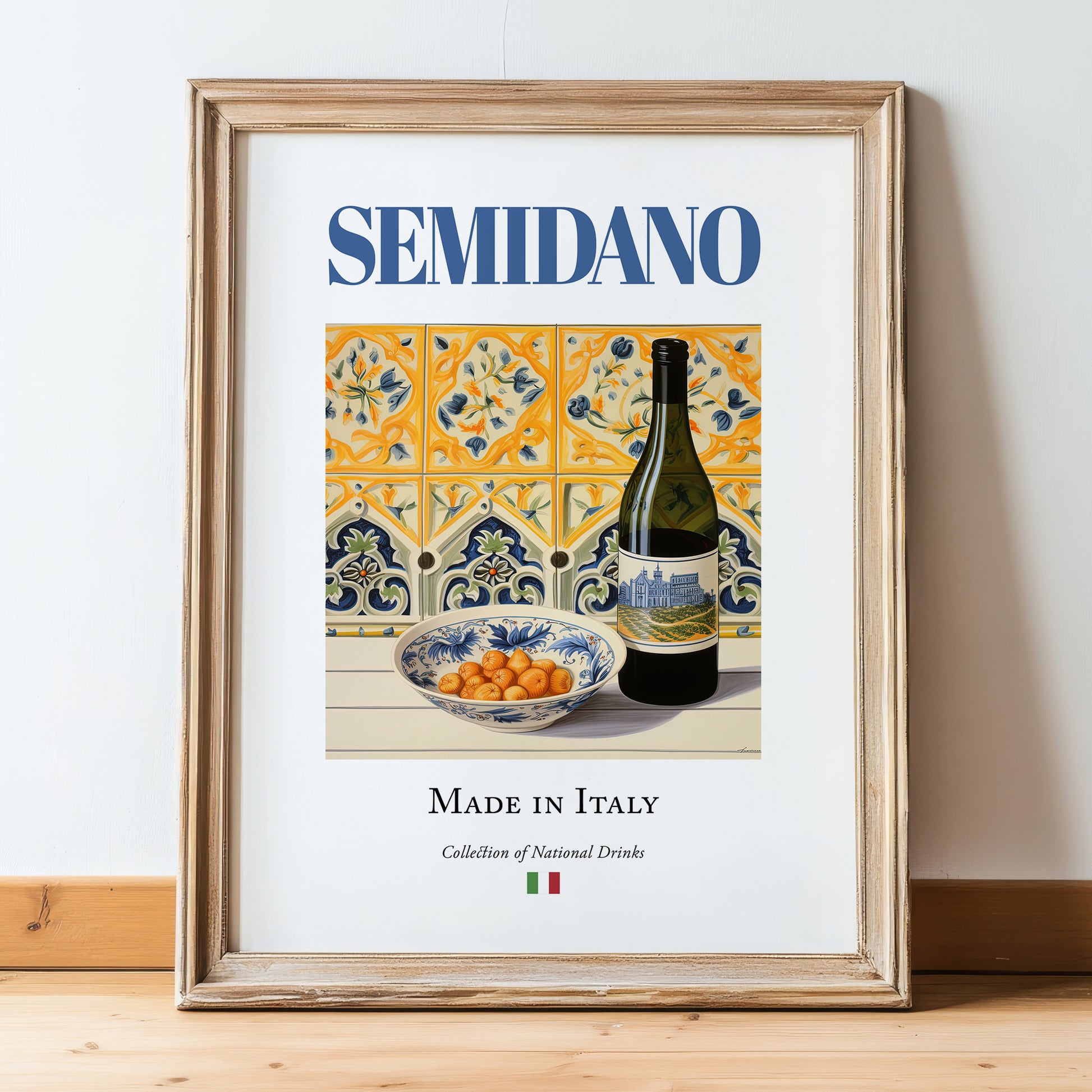 Semidano – Italian White Wine, Wine Bar Wall Decor, in wooden frame leaning on the floor