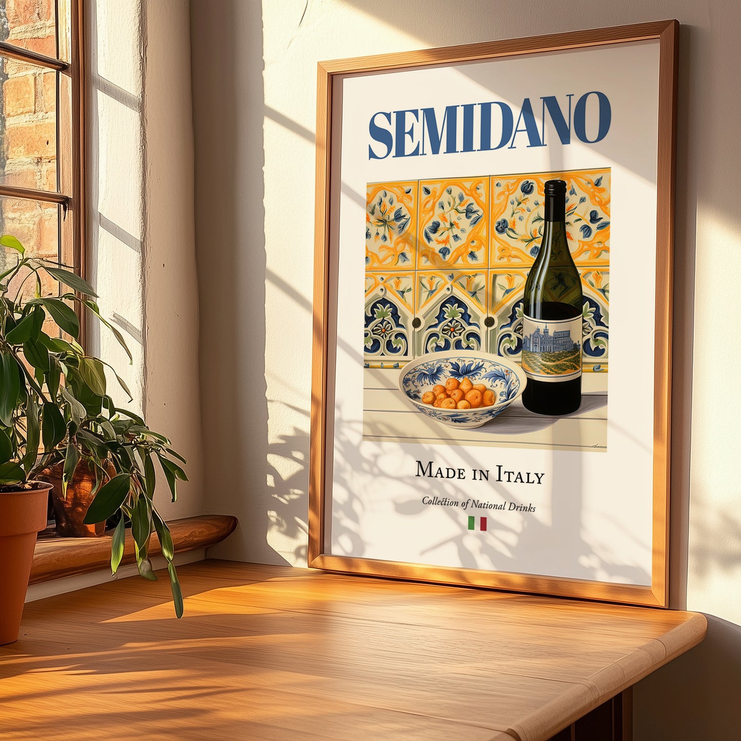 Semidano – Italian White Wine, Wine Bar Wall Decor, no-text version framed in wood