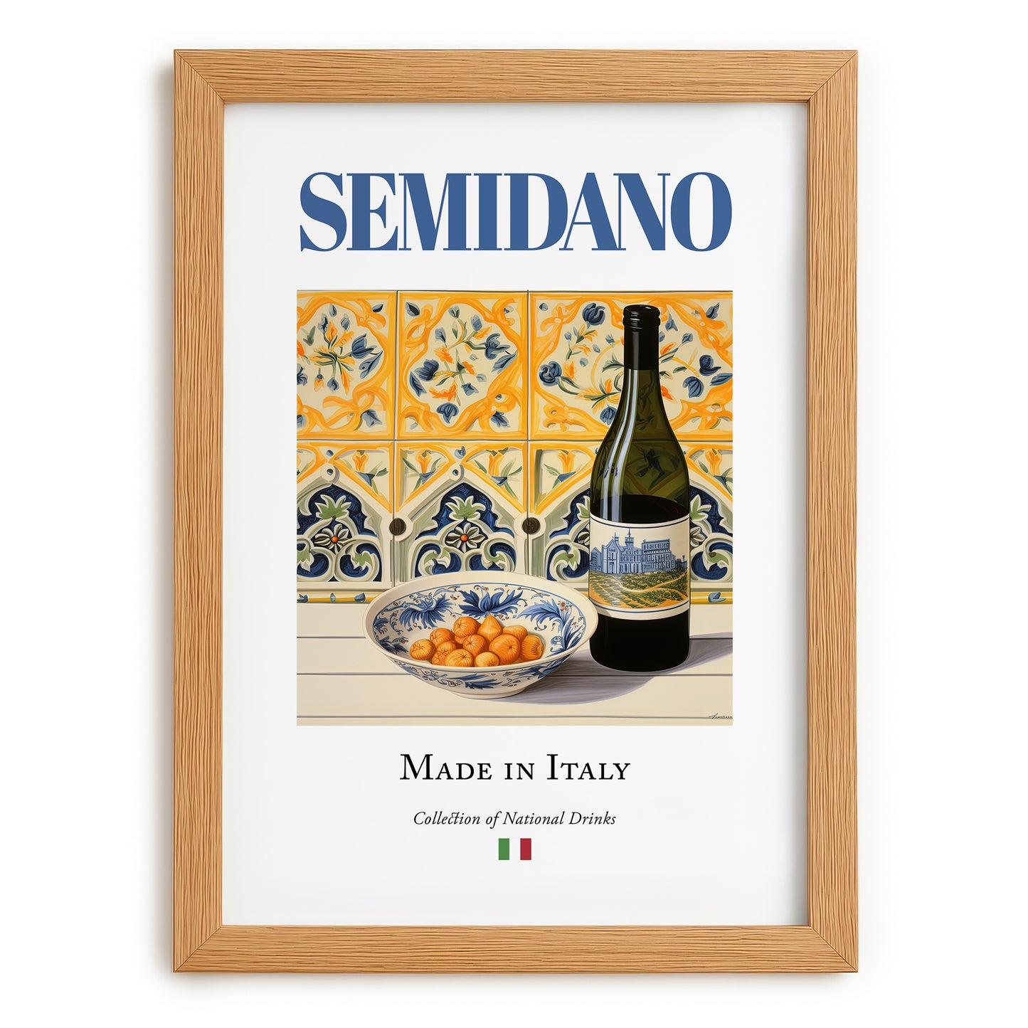 Semidano – Italian White Wine, Wine Bar Wall Decor, set in oak frame