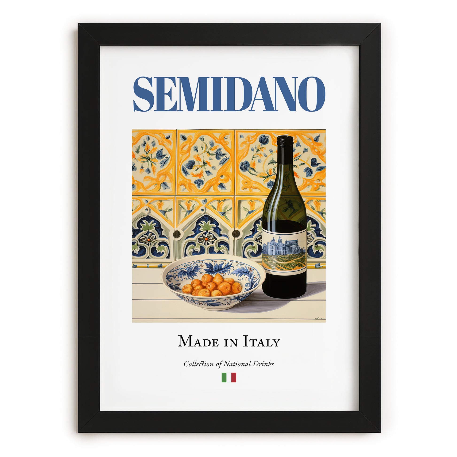 Semidano – Italian White Wine, Wine Bar Wall Decor, in sleek black frame