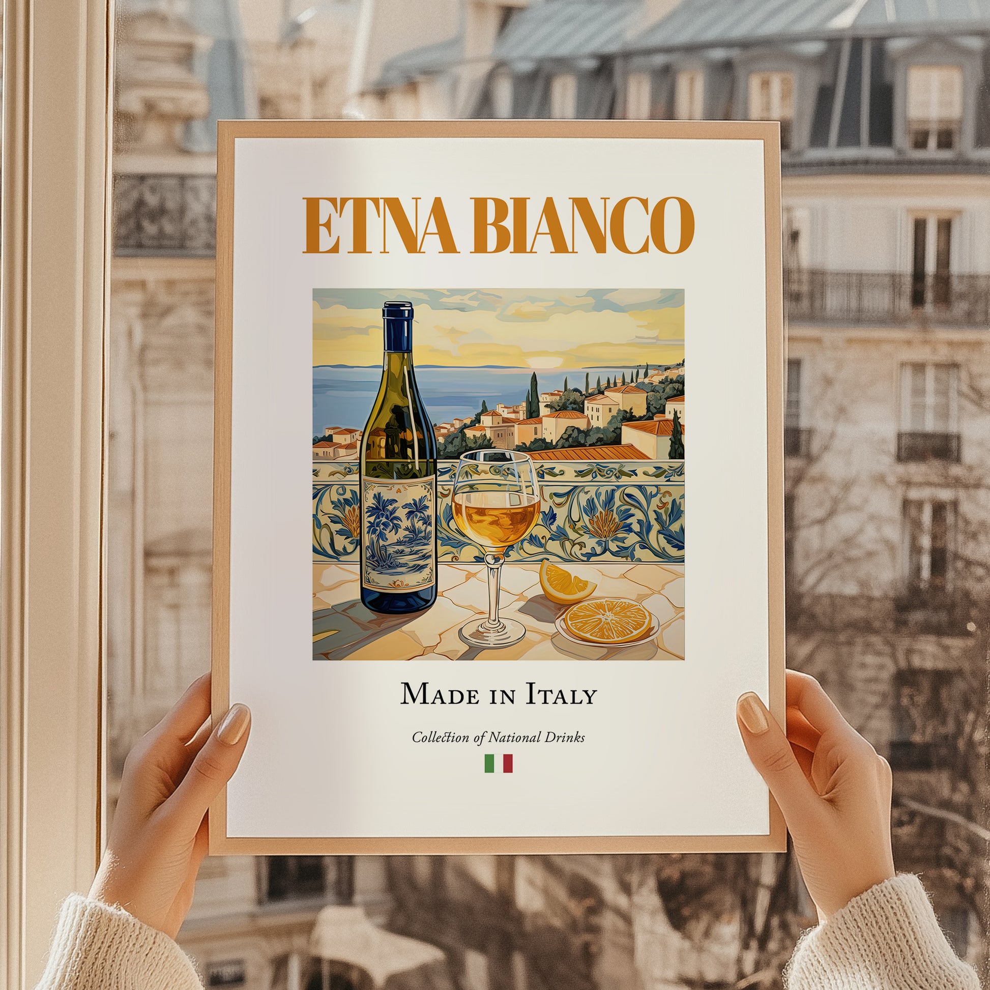 Etna Bianco – Italian White Wine, Vinoteca Print, styled in a charming Paris street view