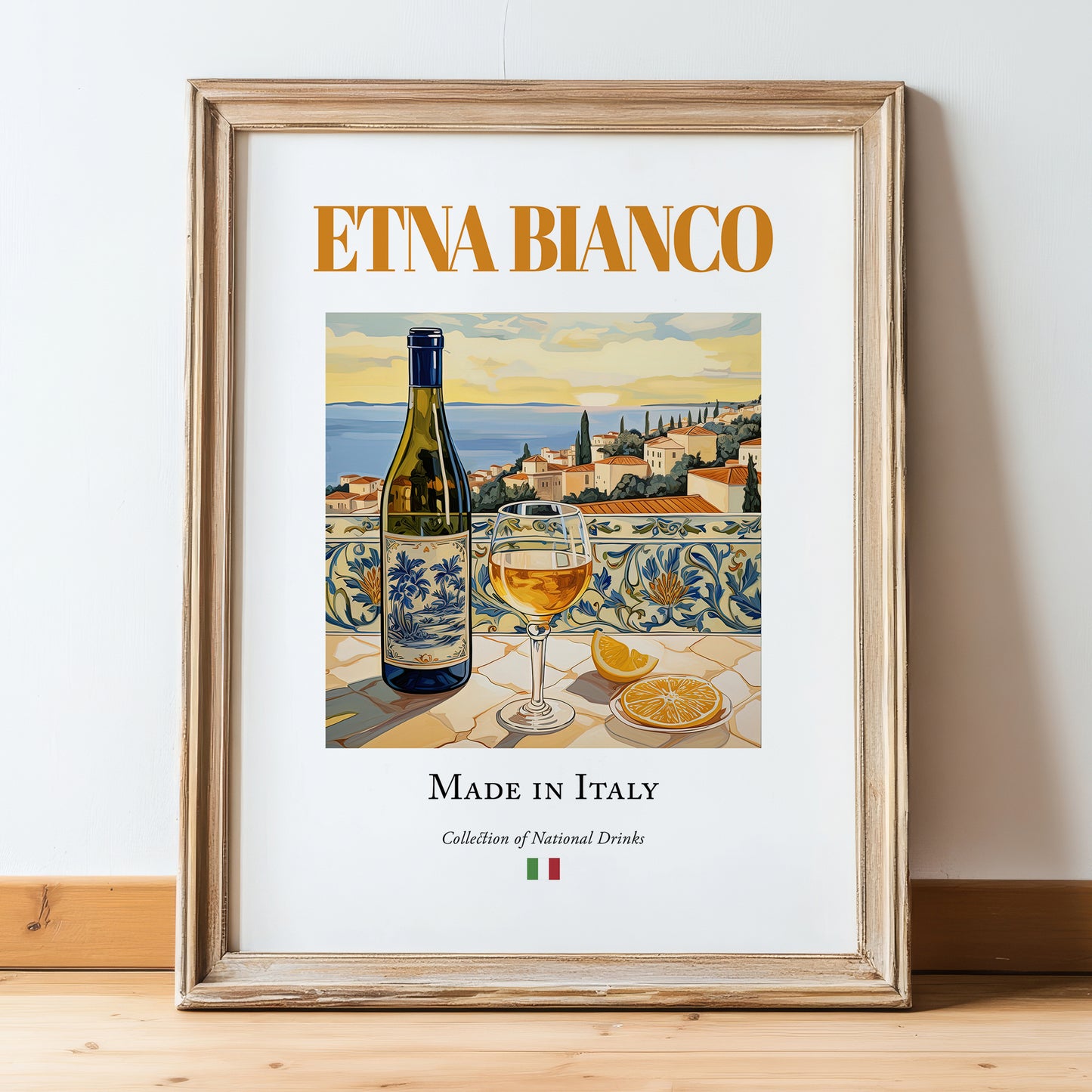Etna Bianco – Italian White Wine, Vinoteca Print, in wooden frame leaning on the floor