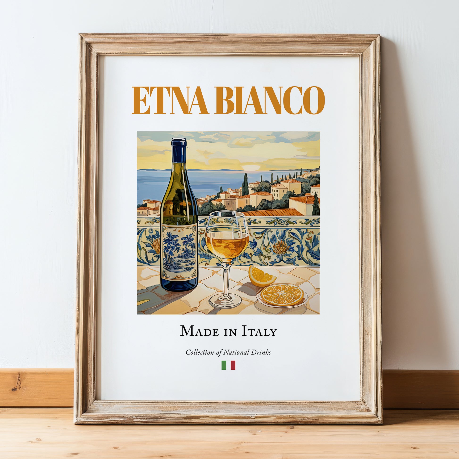 Etna Bianco – Italian White Wine, Vinoteca Print, in wooden frame leaning on the floor