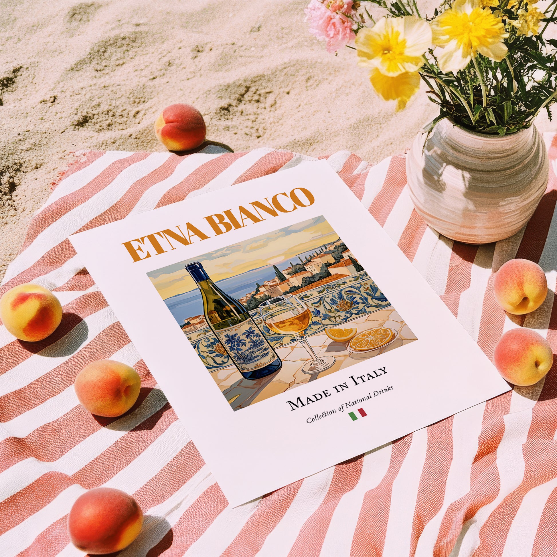 Etna Bianco – Italian White Wine, Vinoteca Print, unframed on coastal sand