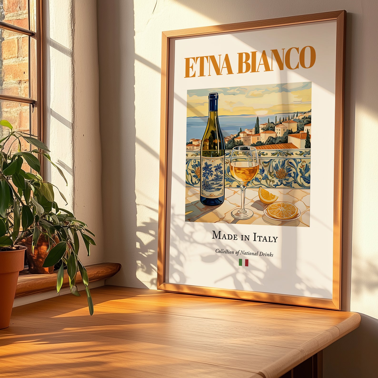 Etna Bianco – Italian White Wine, Vinoteca Print, no-text version framed in wood
