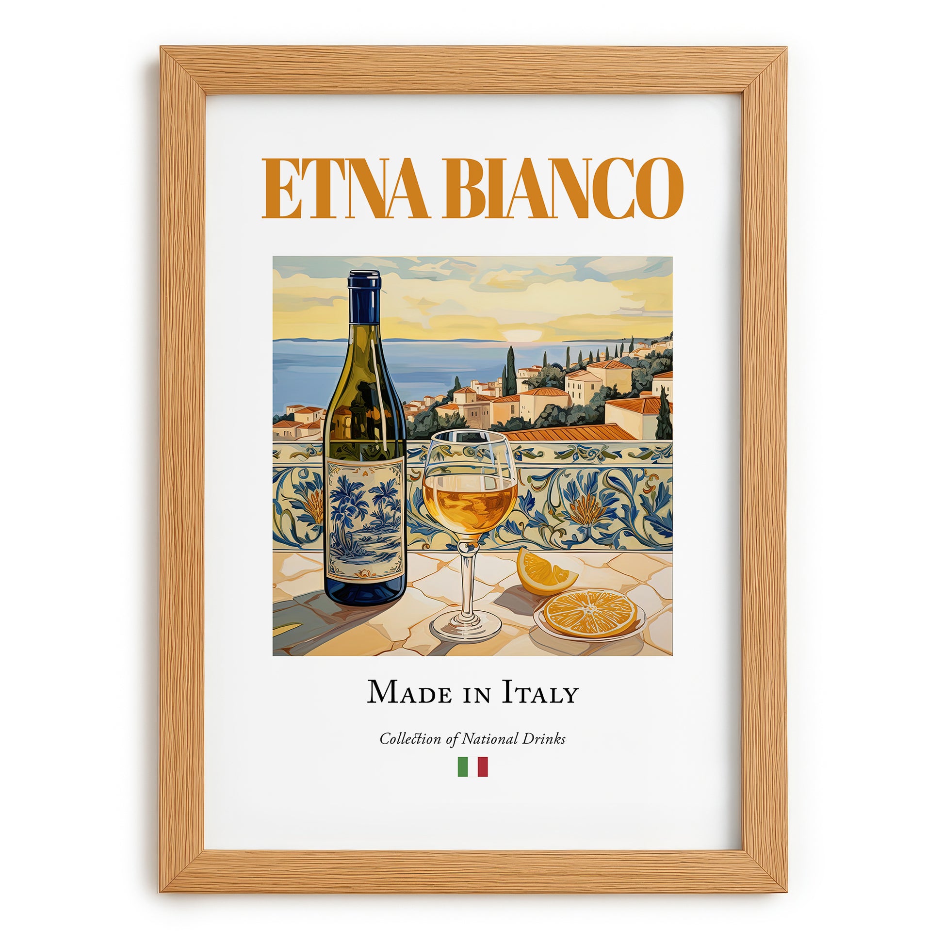 Etna Bianco – Italian White Wine, Vinoteca Print, set in oak frame