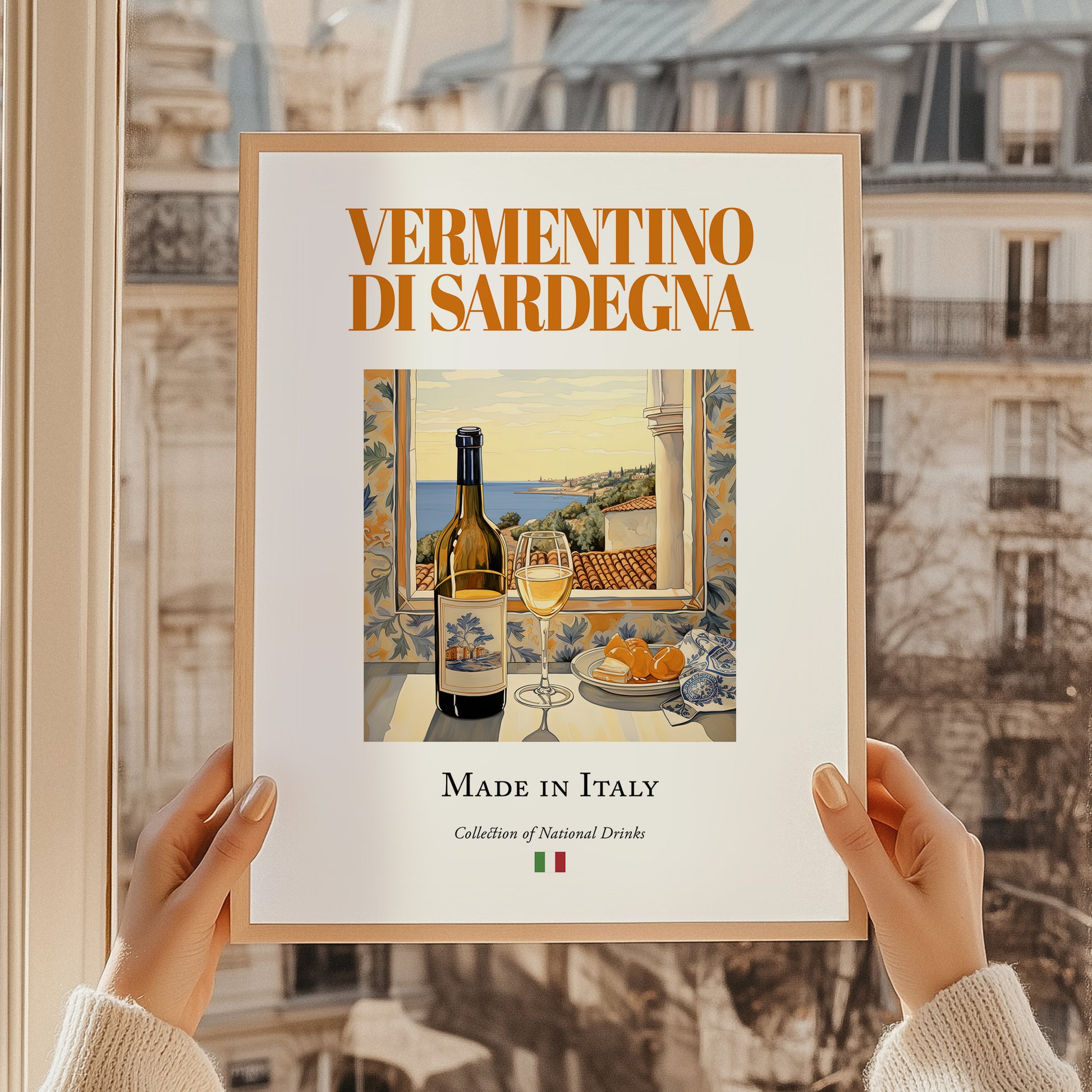 Vermentino di Sardegna – Italian White Wine, Vinoteca Poster, styled in a charming Paris street view