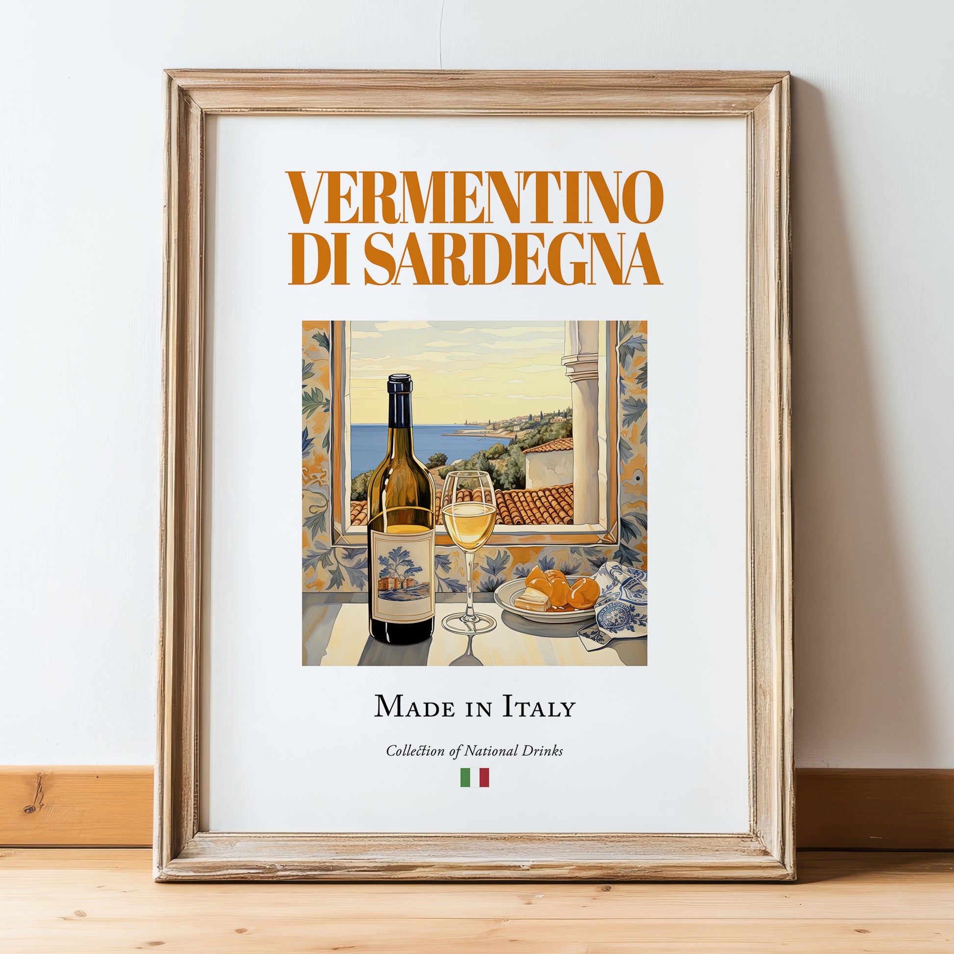 Vermentino di Sardegna – Italian White Wine, Vinoteca Poster, in wooden frame leaning on the floor