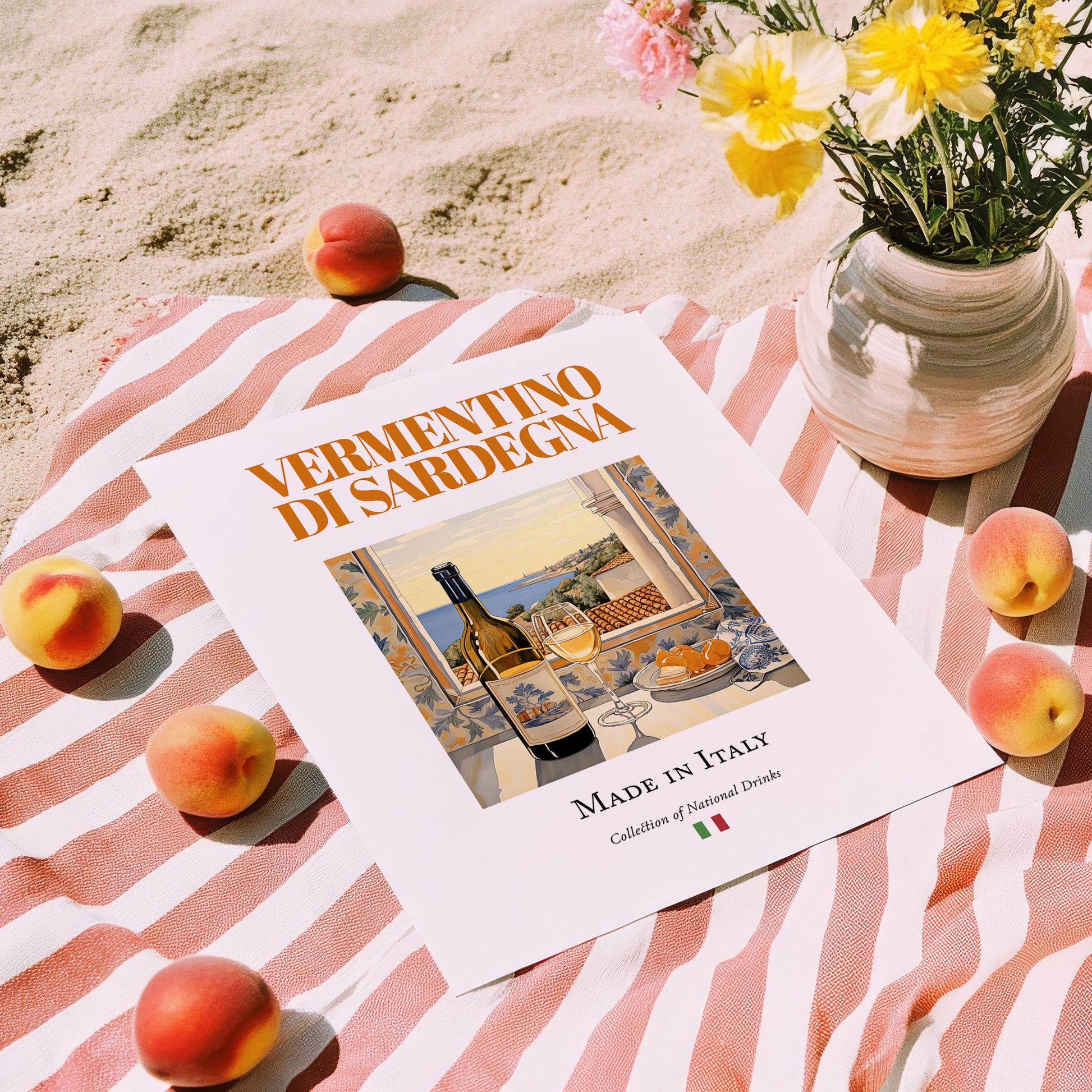 Vermentino di Sardegna – Italian White Wine, Vinoteca Poster, unframed on coastal sand