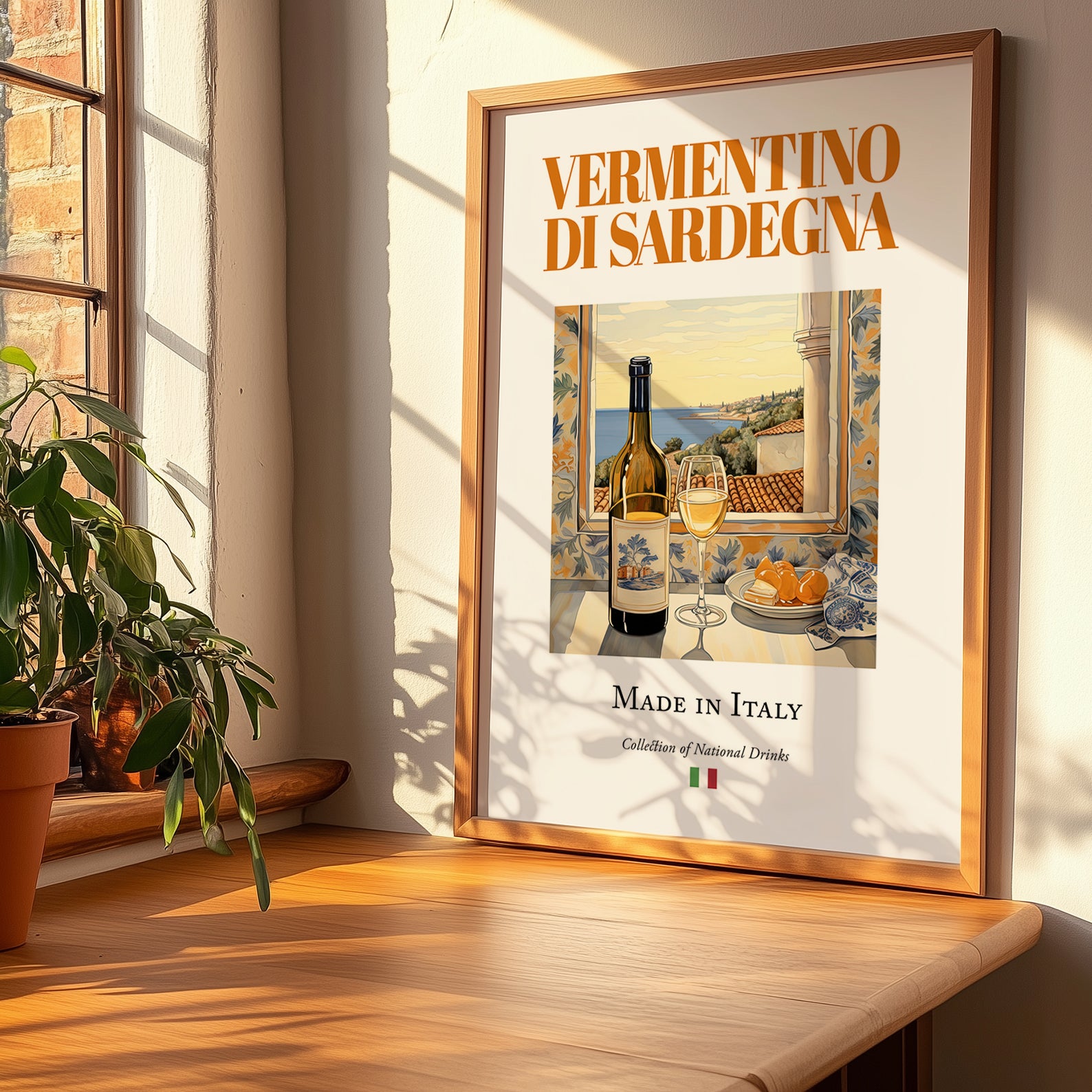 Vermentino di Sardegna – Italian White Wine, Vinoteca Poster, no-text version framed in wood