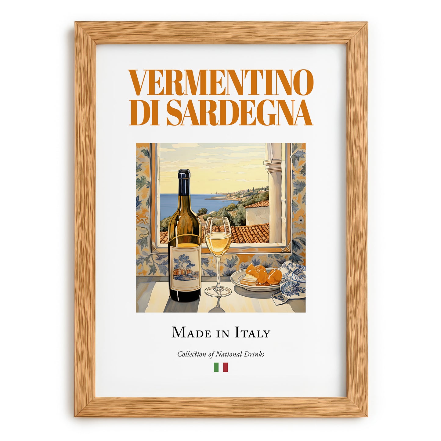Vermentino di Sardegna – Italian White Wine, Vinoteca Poster, set in oak frame