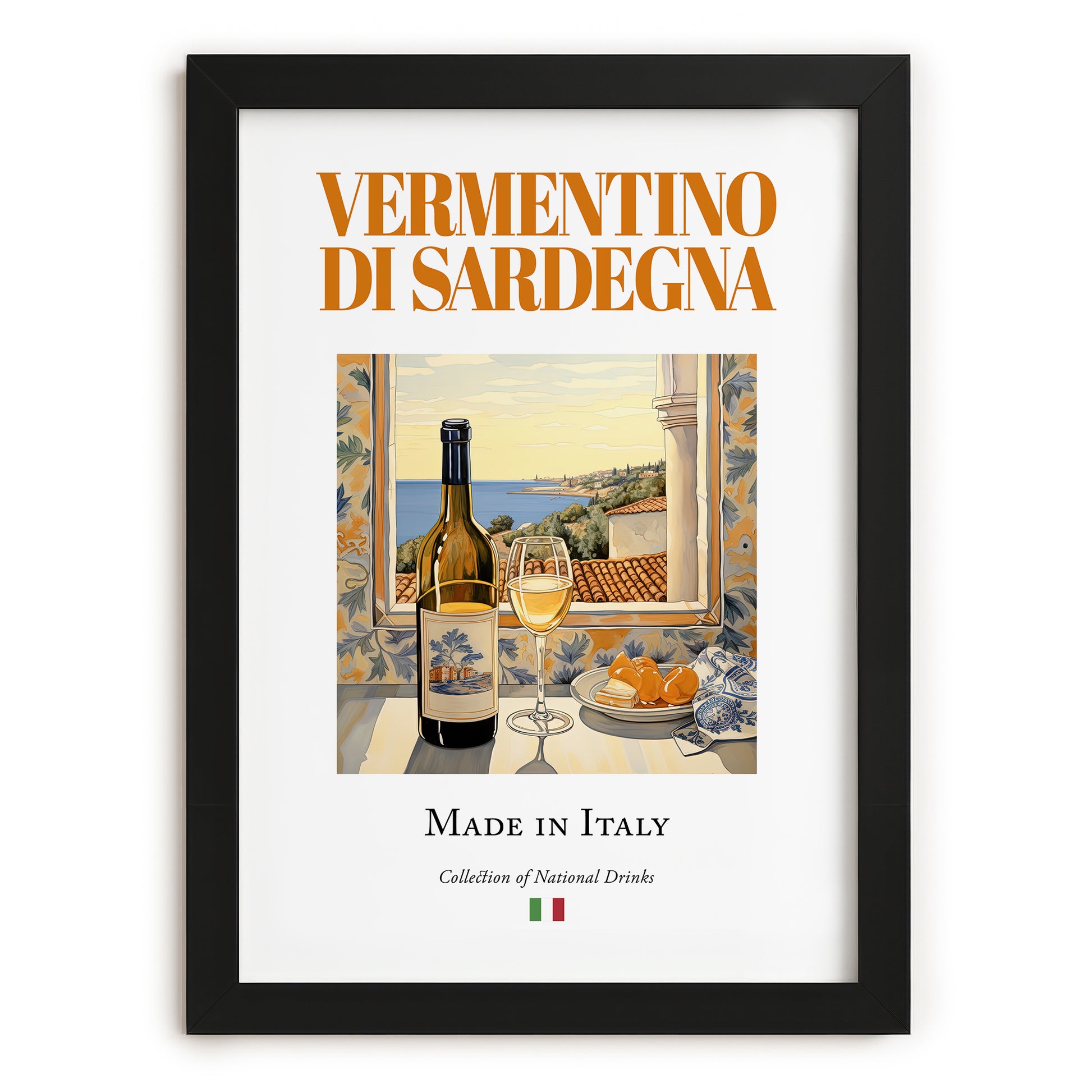 Vermentino di Sardegna – Italian White Wine, Vinoteca Poster, in sleek black frame