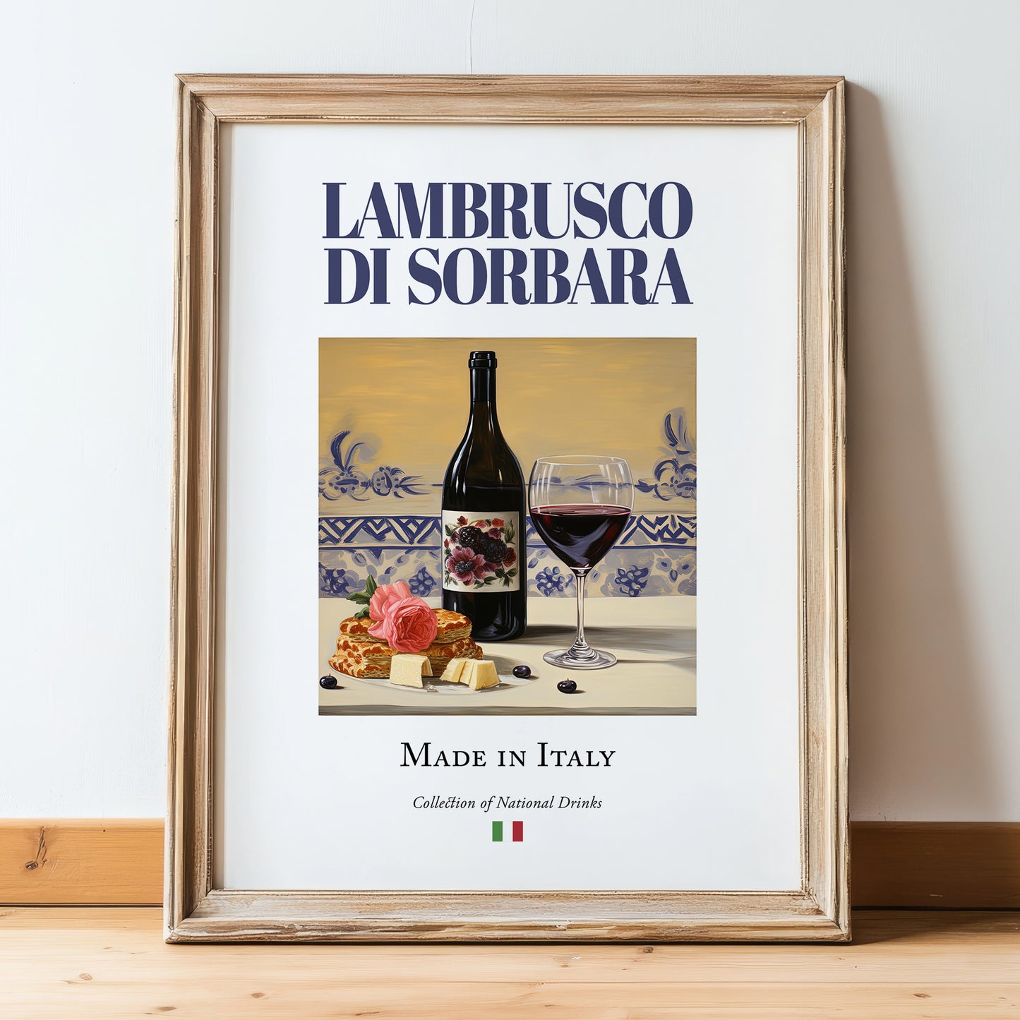 Lambrusco di Sorbara – Italian Sparkling Wine, Tasting Room Poster, in wooden frame leaning on the floor