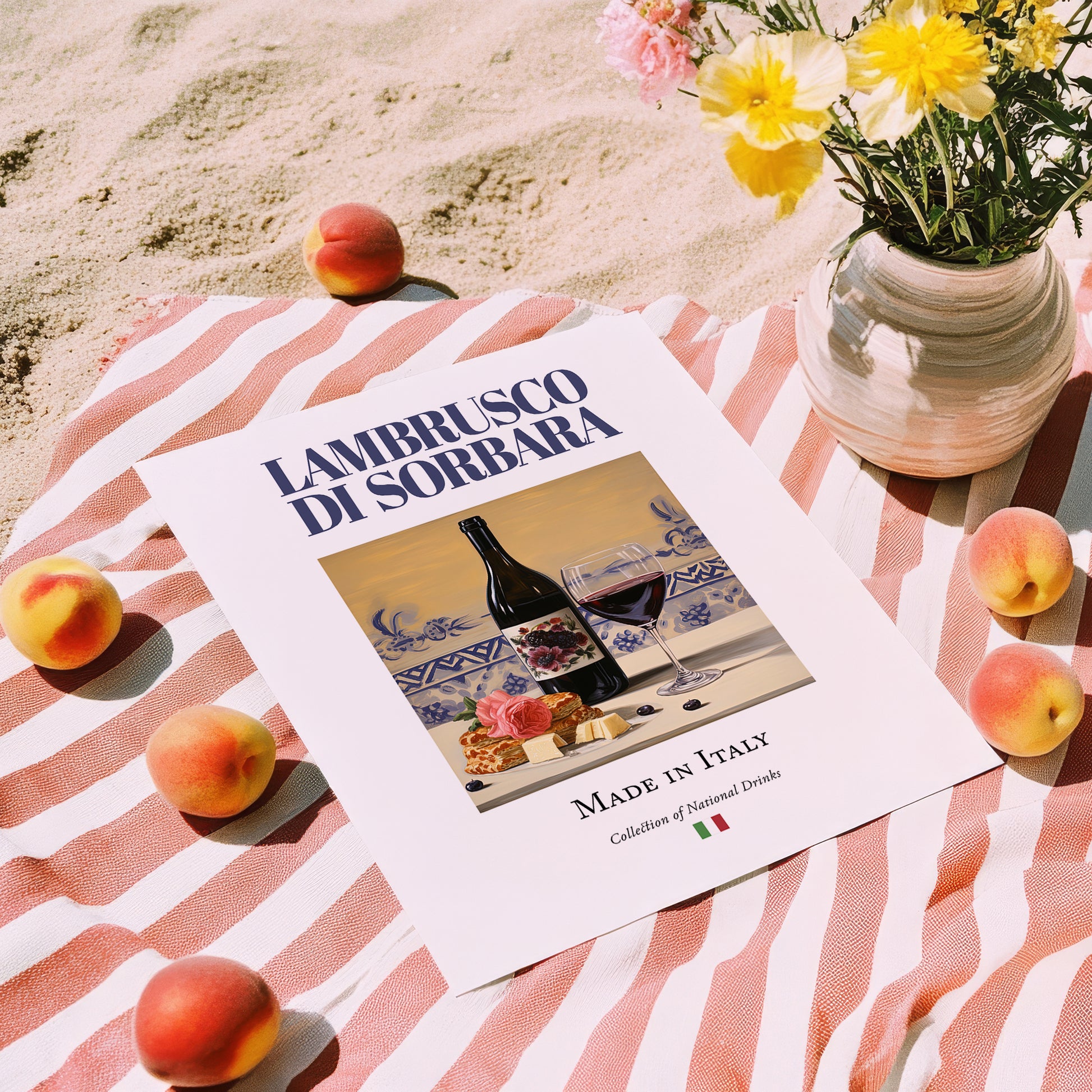 Lambrusco di Sorbara – Italian Sparkling Wine, Tasting Room Poster, unframed on coastal sand