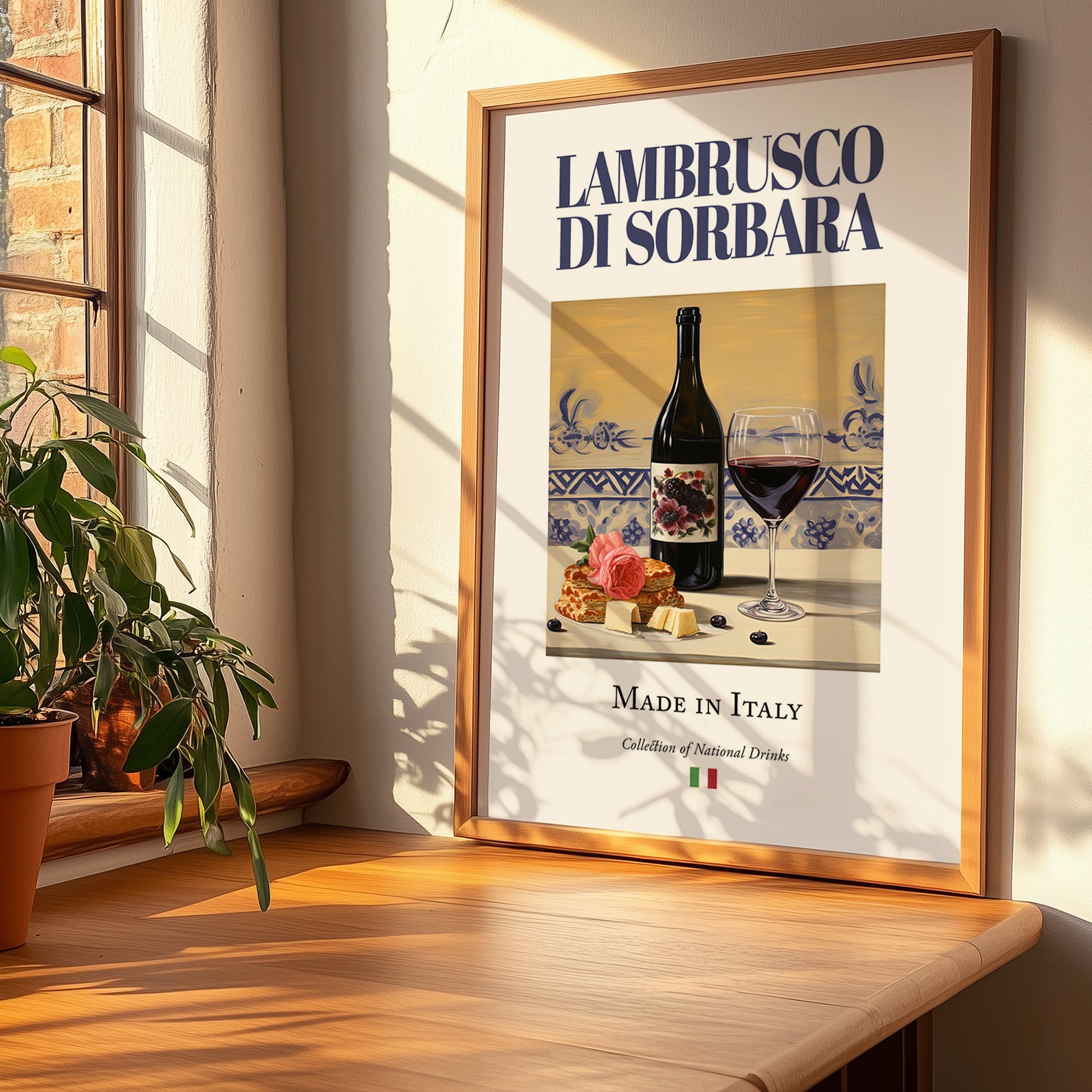 Lambrusco di Sorbara – Italian Sparkling Wine, Tasting Room Poster, no-text version framed in wood