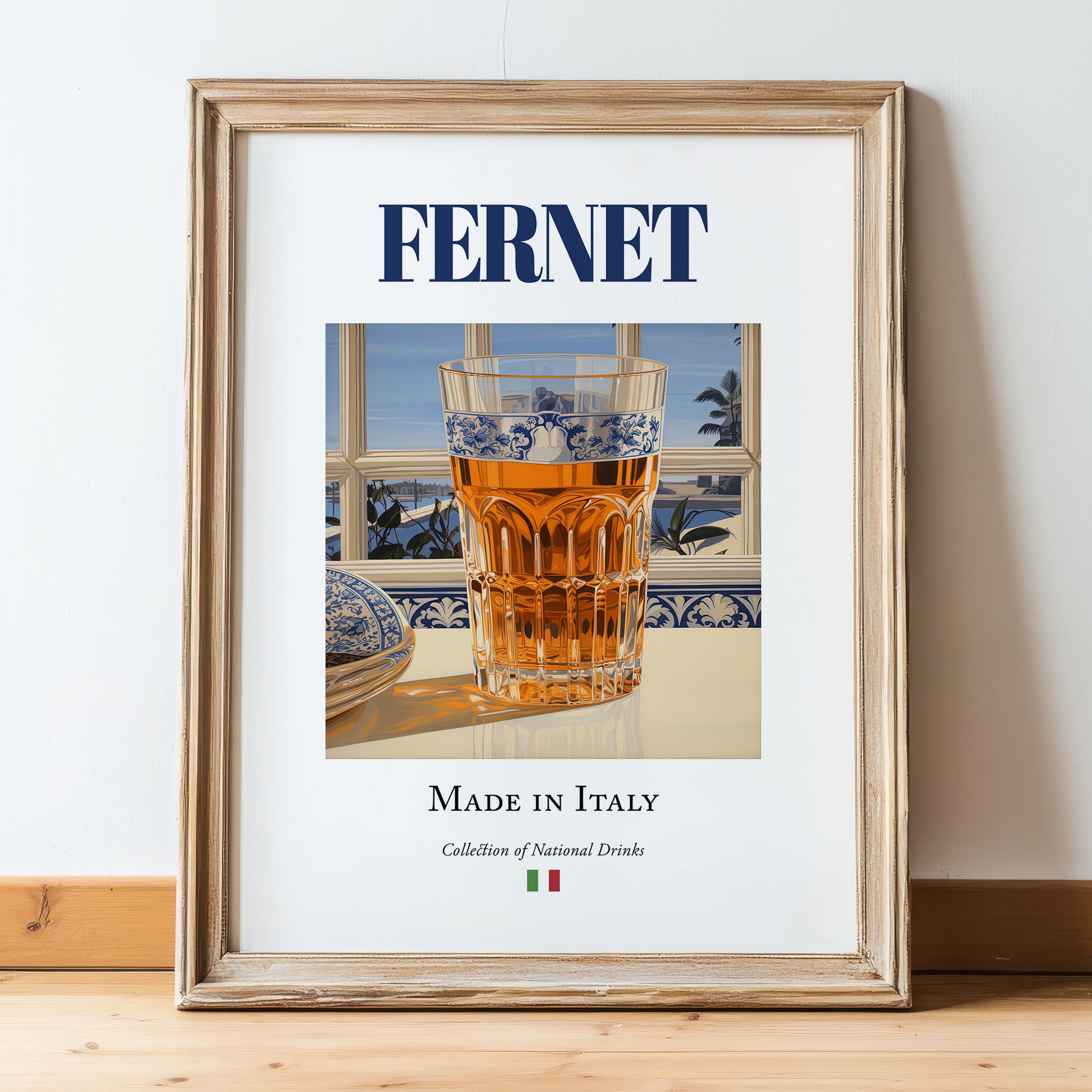 Fernet – Italian Spirit Drink, Hotel Lobby Print, in wooden frame leaning on the floor