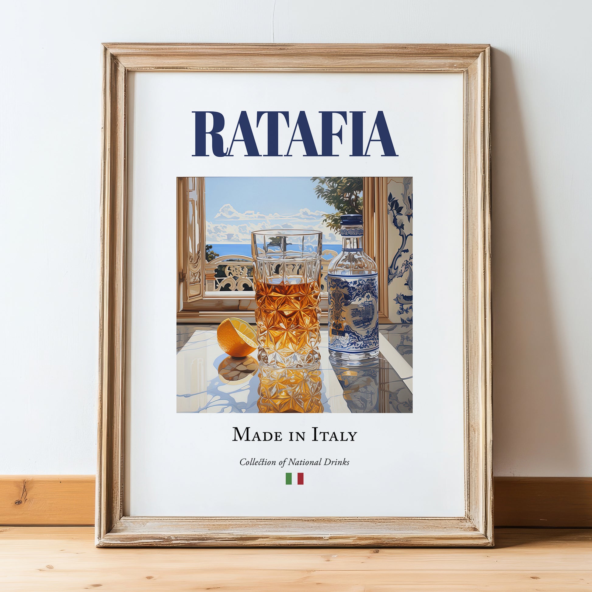 Ratafia – Italian Liqueur Drink, Sky Bar Wall Decor, in wooden frame leaning on the floor