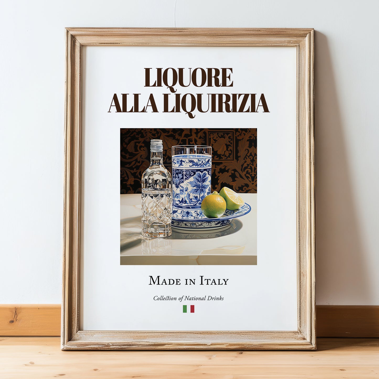 Liquore alla liquirizia – Italian Liqueur Drink, Rooftop Terrace Still Life, in wooden frame leaning on the floor