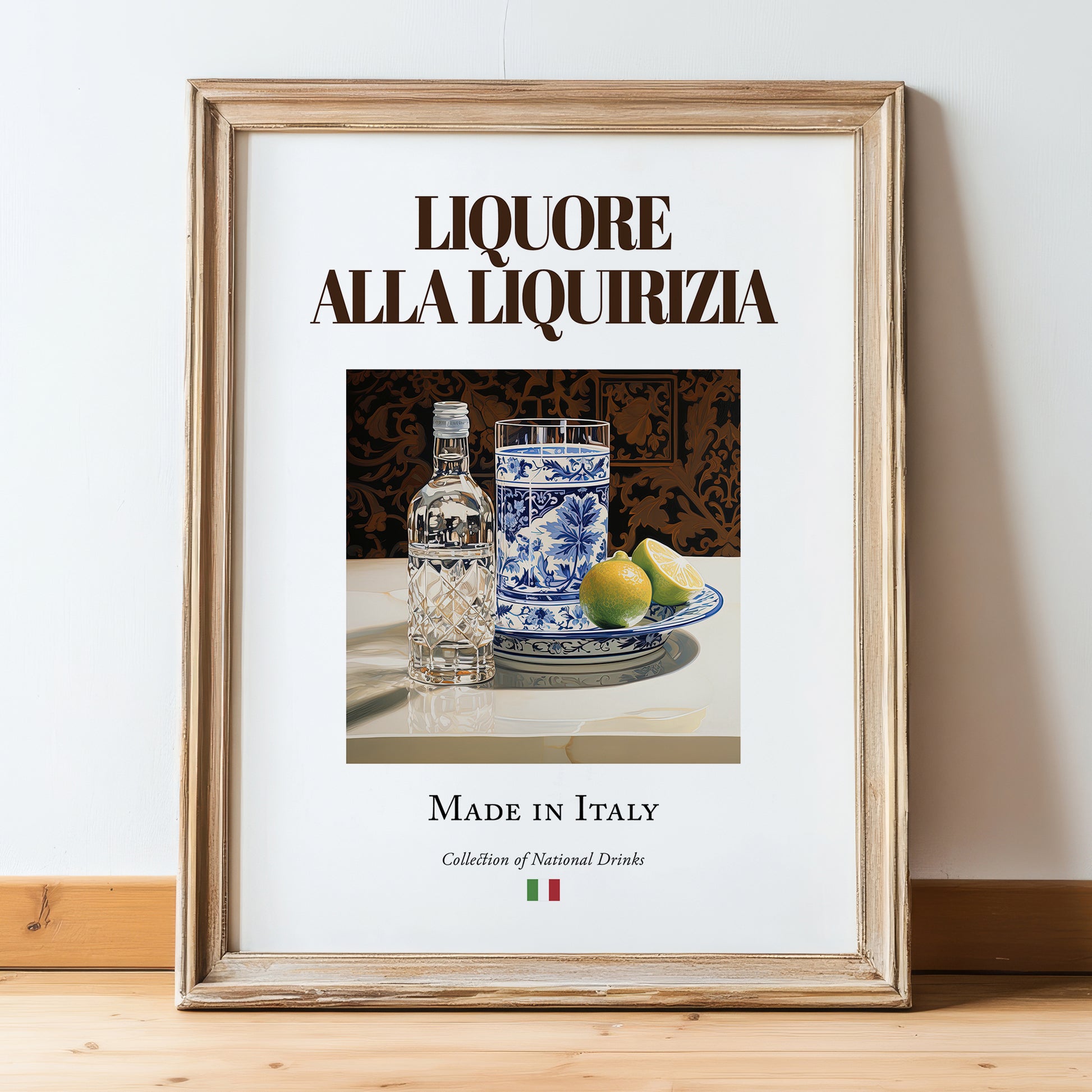 Liquore alla liquirizia – Italian Liqueur Drink, Rooftop Terrace Still Life, in wooden frame leaning on the floor