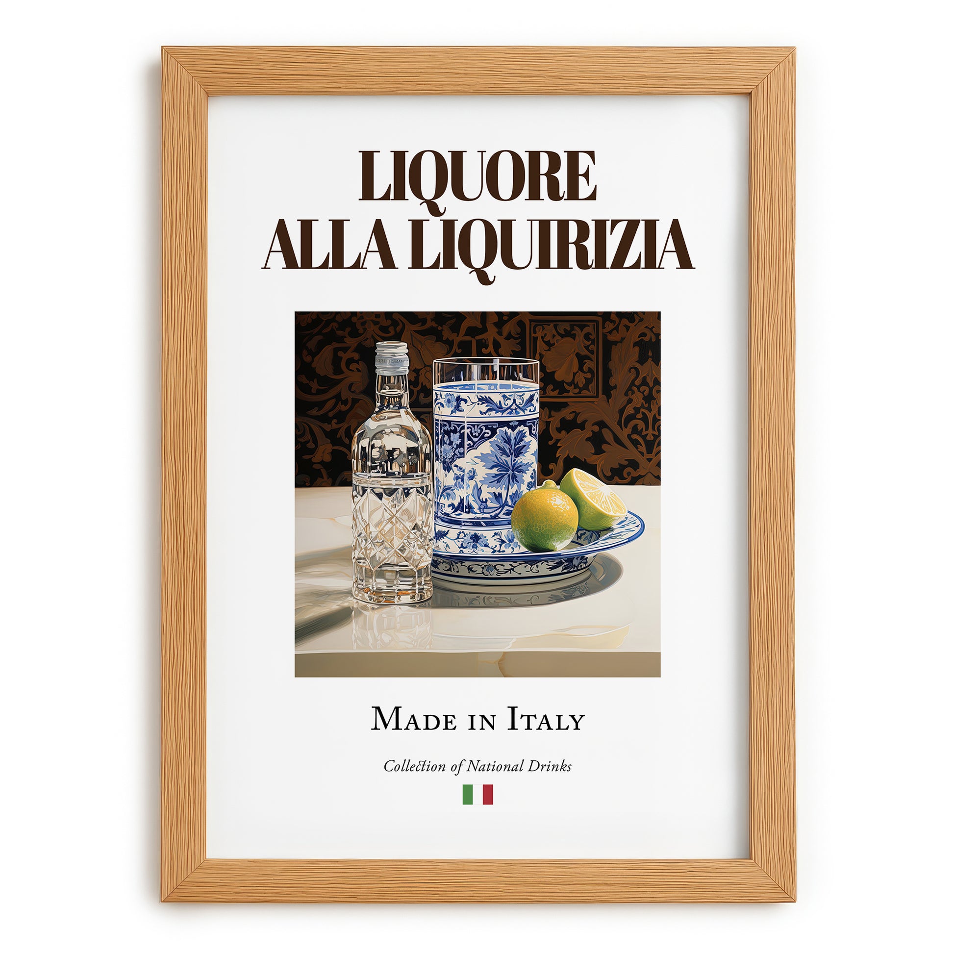 Liquore alla liquirizia – Italian Liqueur Drink, Rooftop Terrace Still Life, set in oak frame